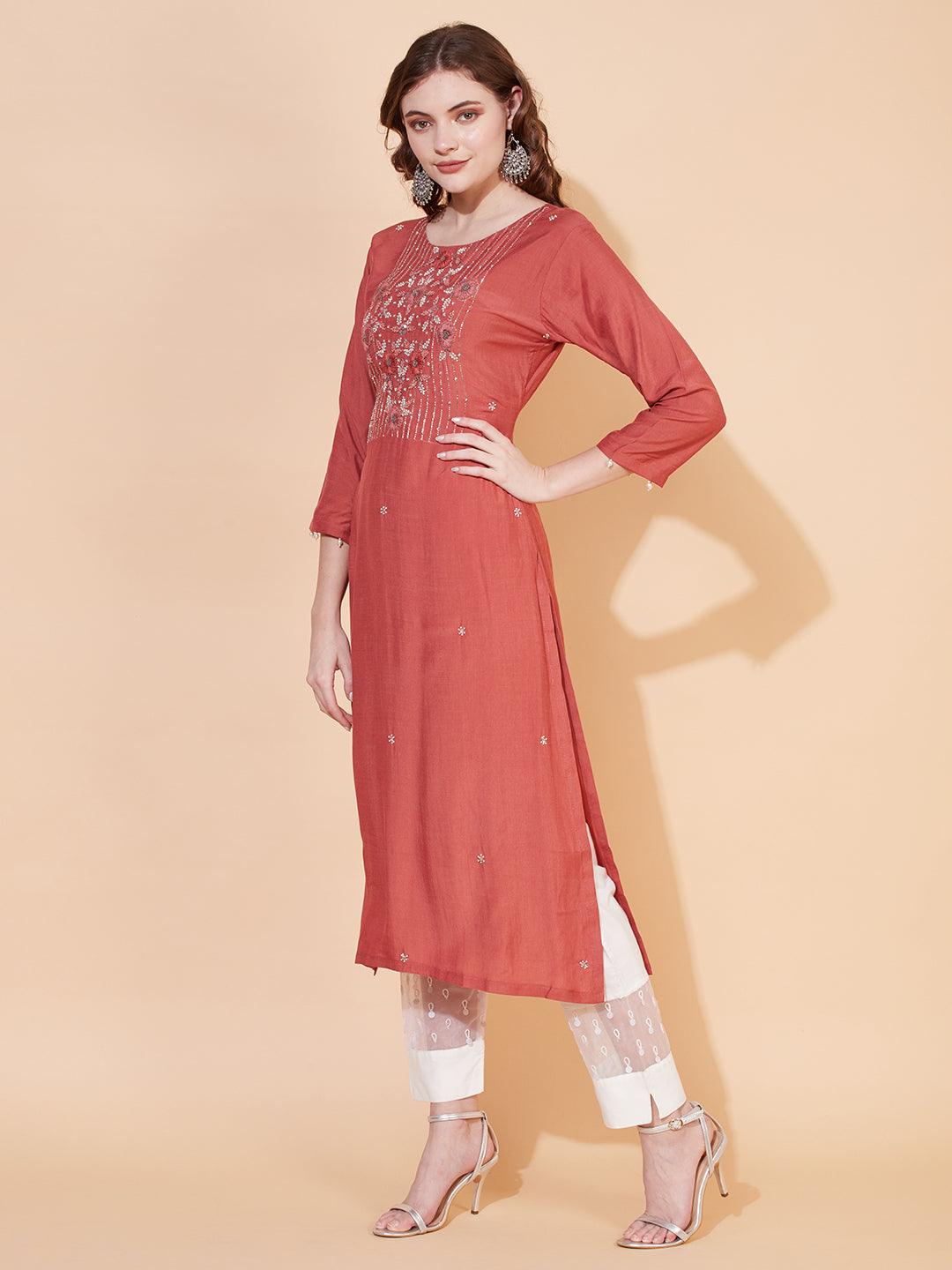 Ethnic Hand Embroidered Straight Fit Kurta – Rust - Indiakreations