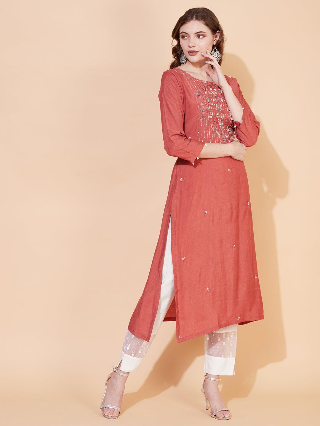 Ethnic Hand Embroidered Straight Fit Kurta – Rust - Indiakreations