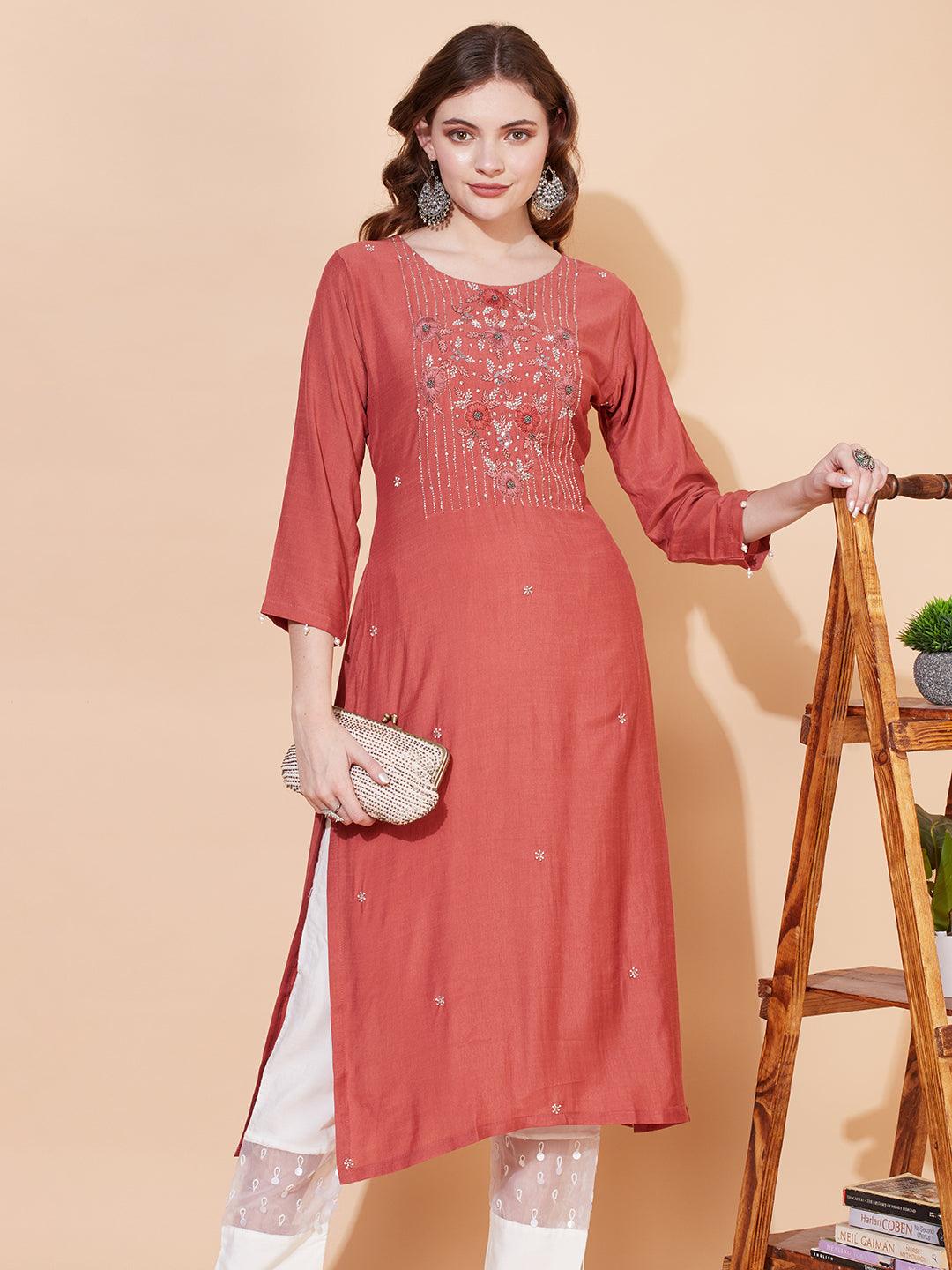 Ethnic Hand Embroidered Straight Fit Kurta – Rust - Indiakreations