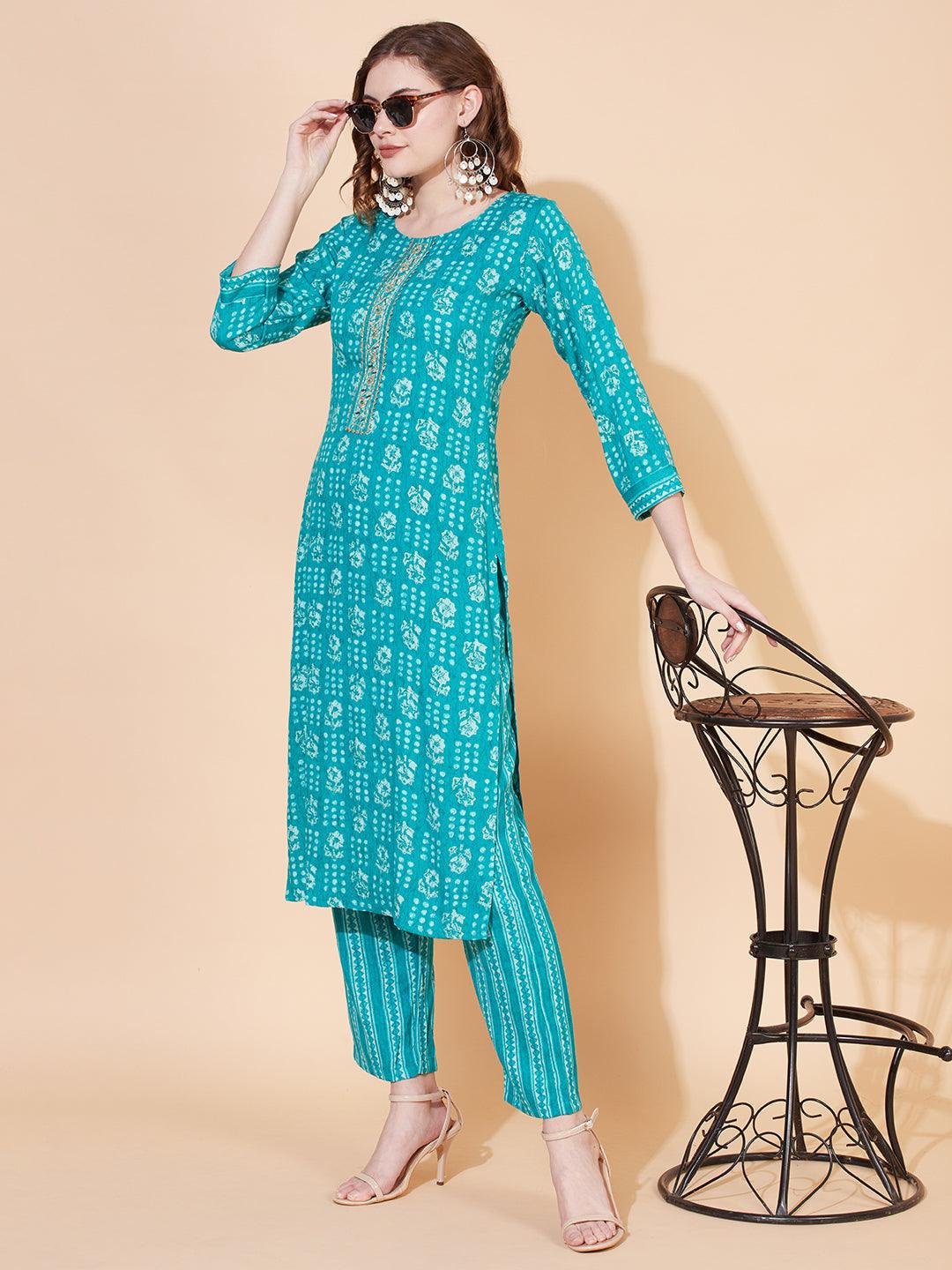 Ethnic Printed & Embroidered Straight Fit Kurta with Pants - Sea Green - Indiakreations