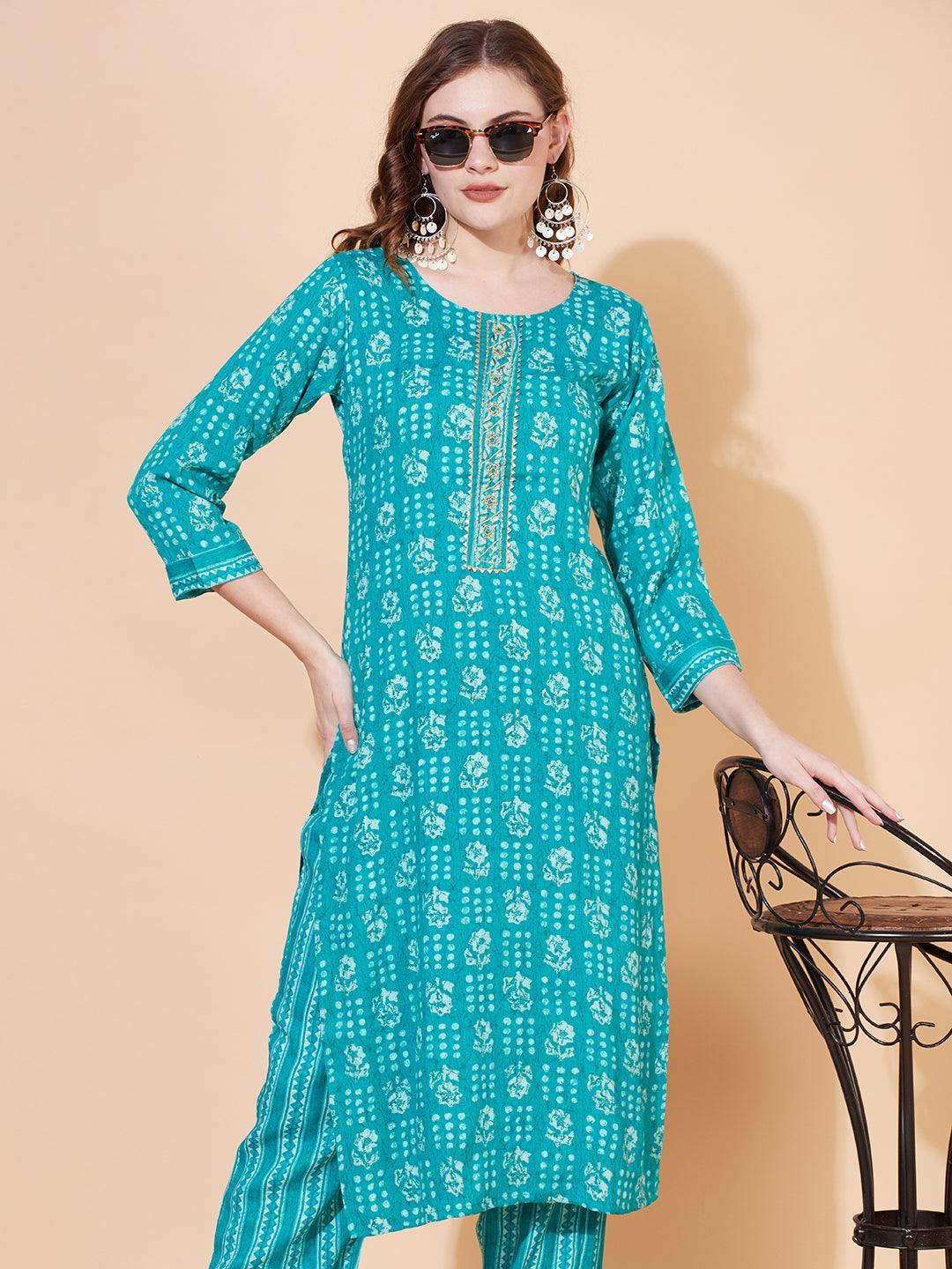 Ethnic Printed & Embroidered Straight Fit Kurta with Pants - Sea Green - Indiakreations