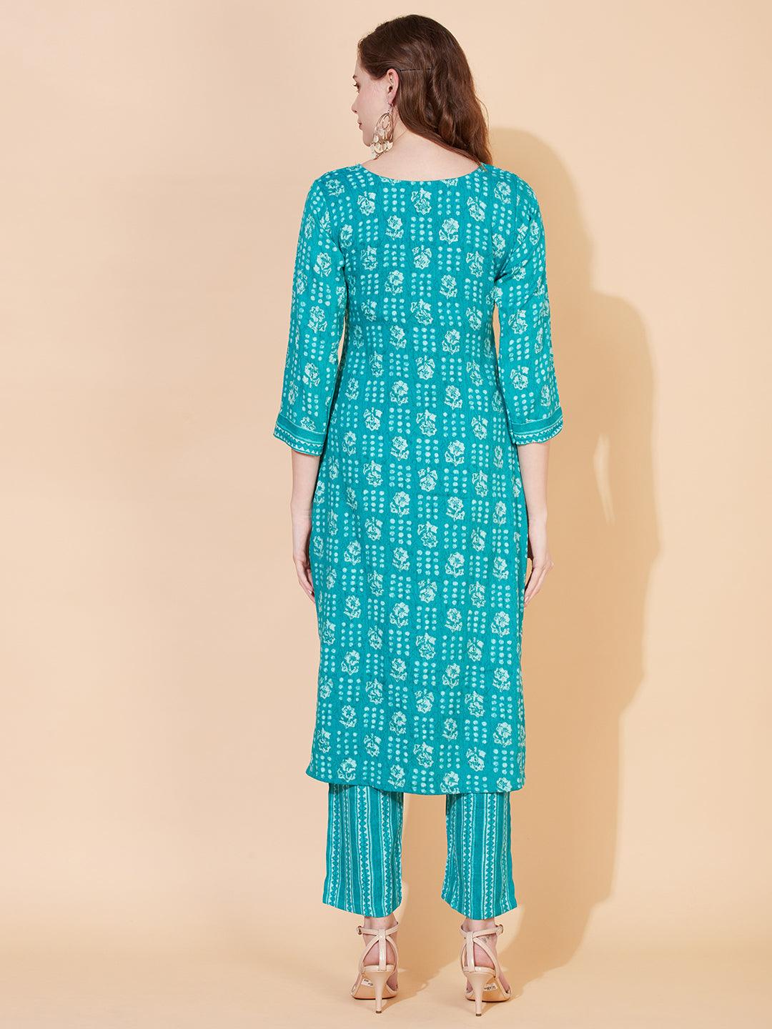 Ethnic Printed & Embroidered Straight Fit Kurta with Pants - Sea Green - Indiakreations