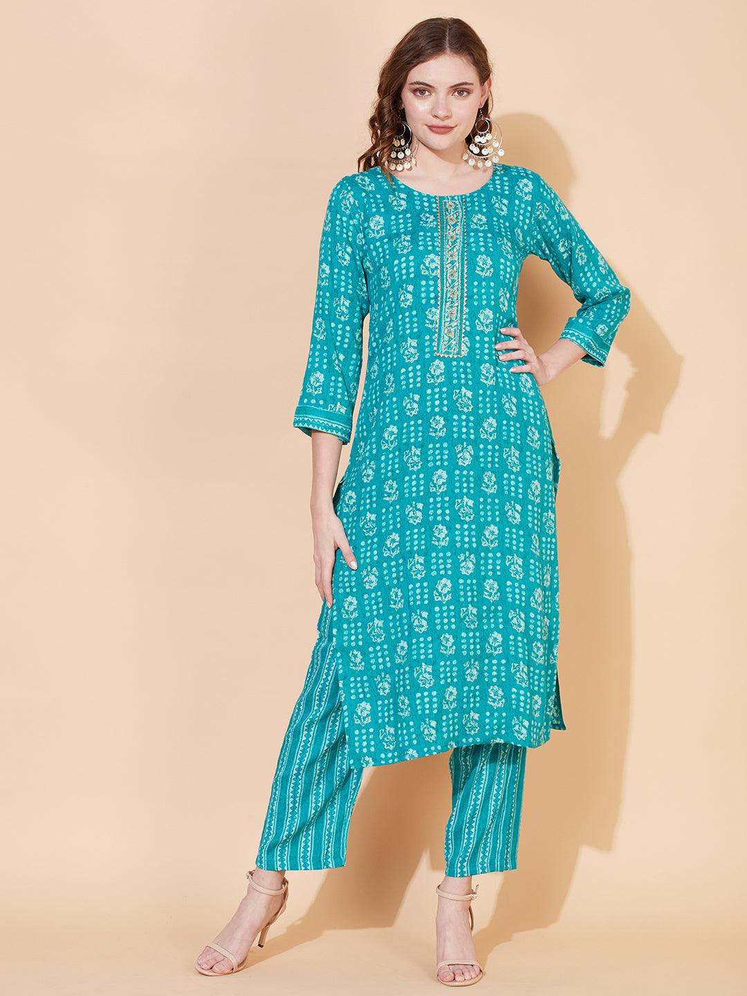 Ethnic Printed & Embroidered Straight Fit Kurta with Pants - Sea Green - Indiakreations