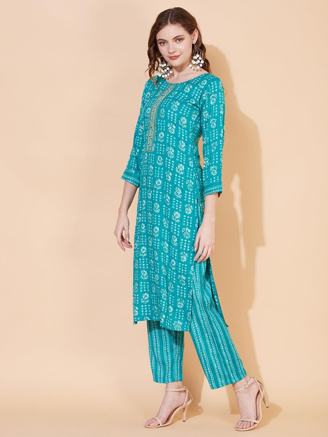 Ethnic Printed & Embroidered Straight Fit Kurta with Pants - Sea Green - Indiakreations