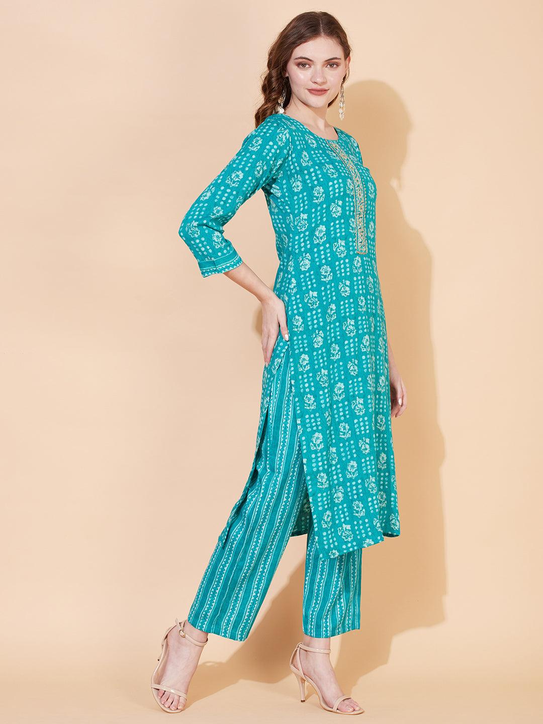 Ethnic Printed & Embroidered Straight Fit Kurta with Pants - Sea Green - Indiakreations