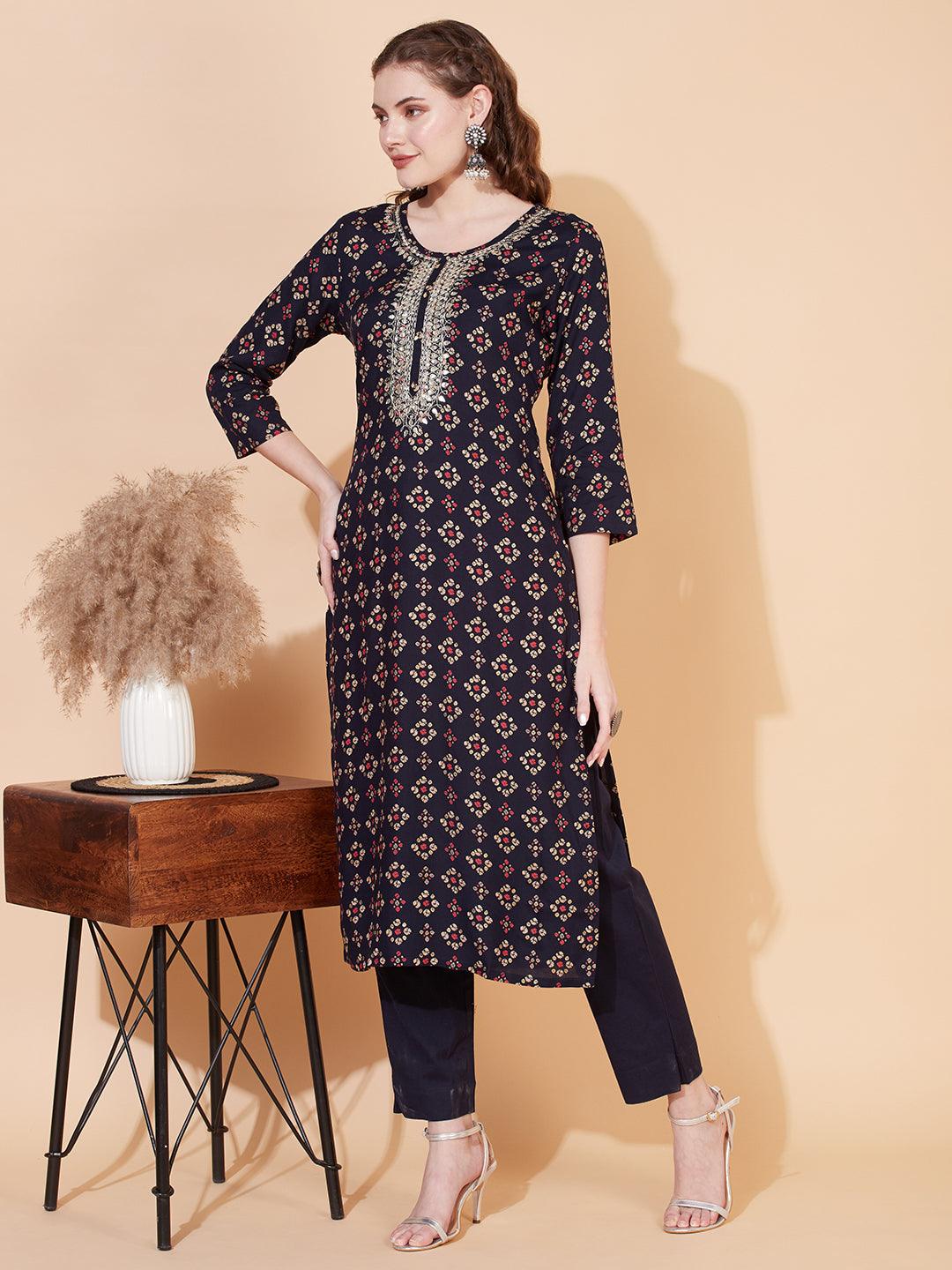 Bandhani Printed & Embroidered Straight Fit Kurta with Pants - Navy Blue - Indiakreations