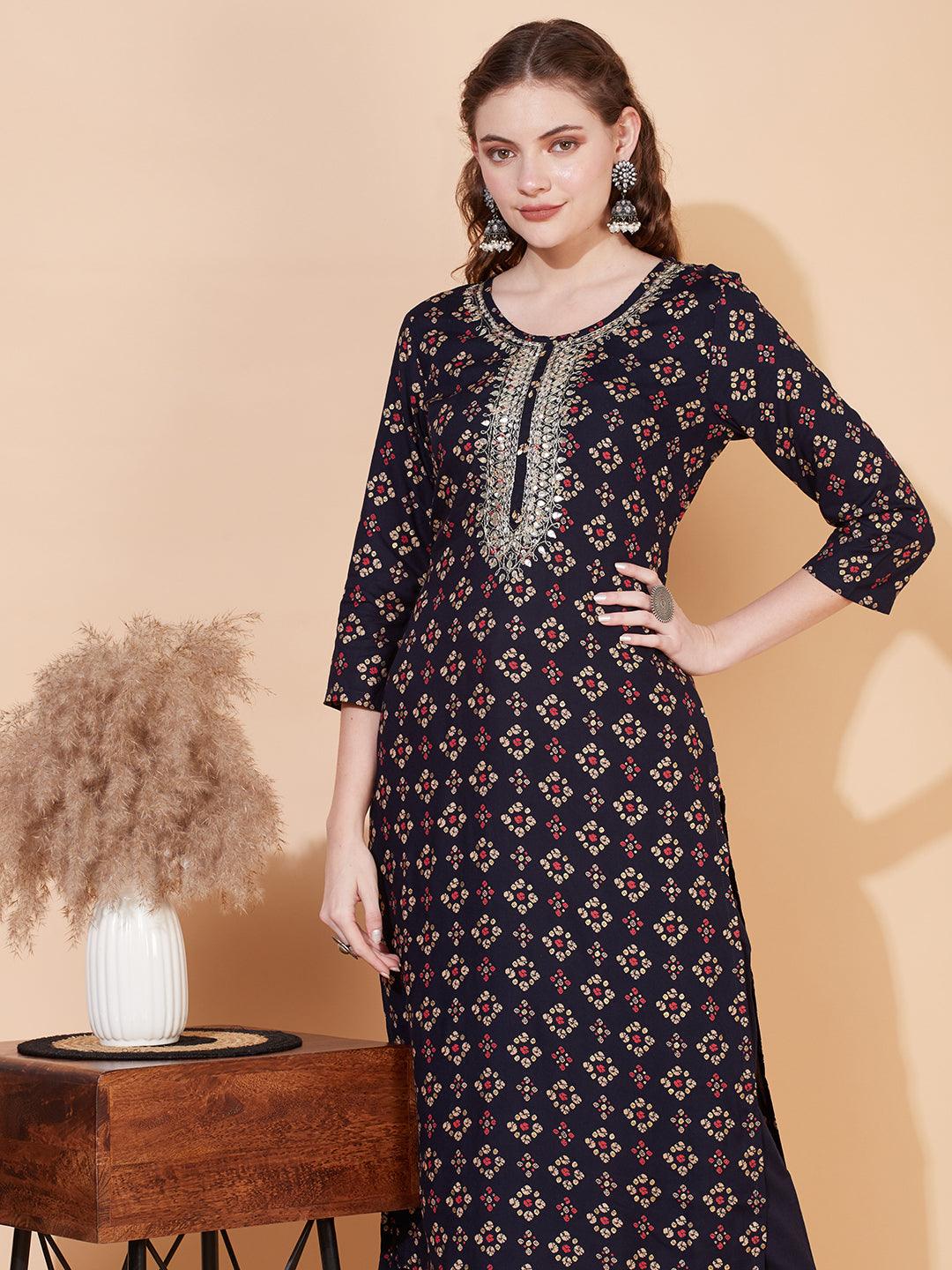 Bandhani Printed & Embroidered Straight Fit Kurta with Pants - Navy Blue - Indiakreations