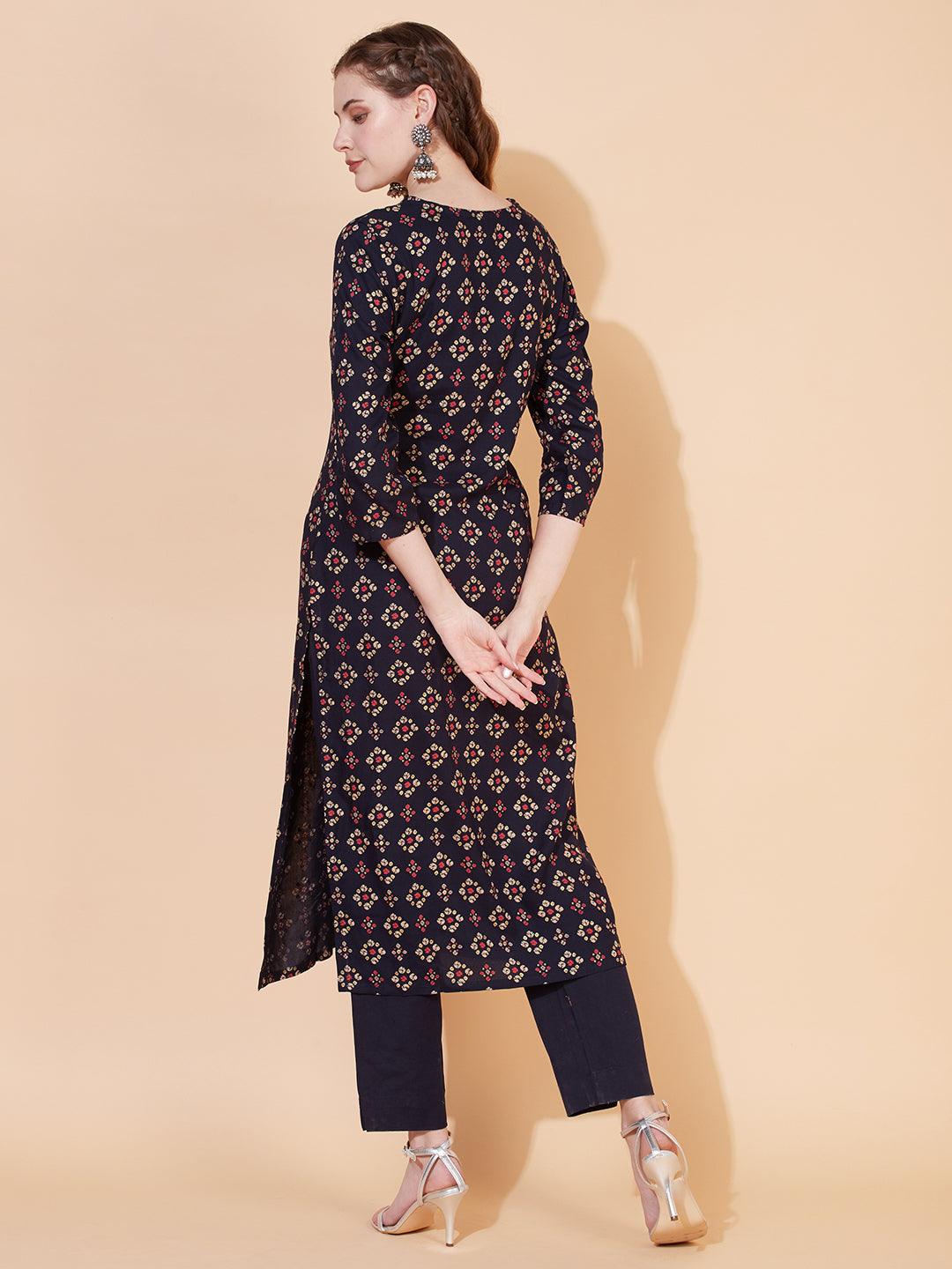 Bandhani Printed & Embroidered Straight Fit Kurta with Pants - Navy Blue - Indiakreations