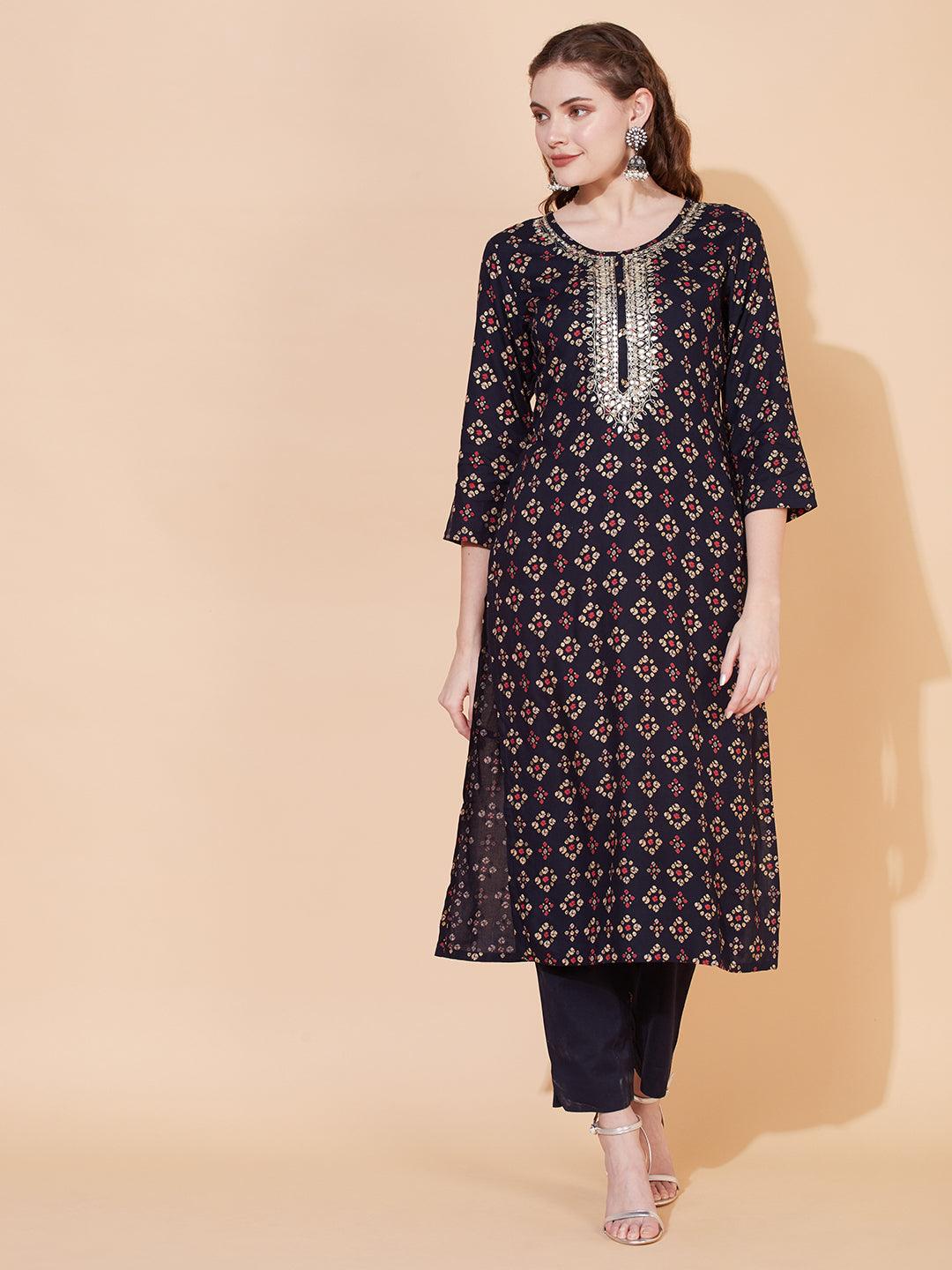 Bandhani Printed & Embroidered Straight Fit Kurta with Pants - Navy Blue - Indiakreations