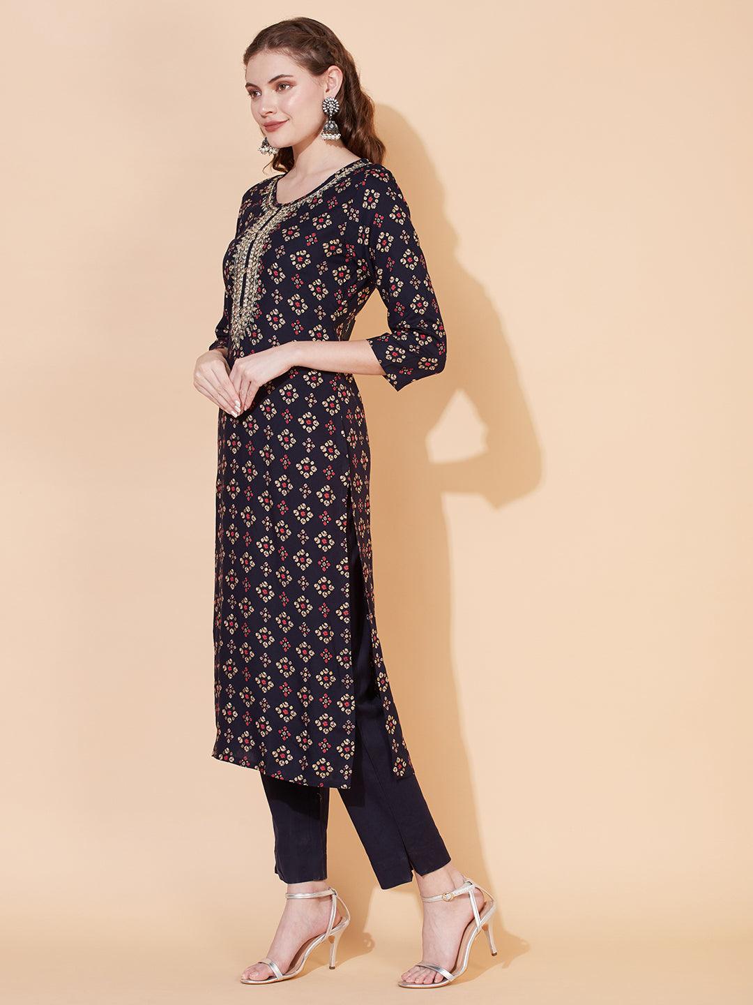 Bandhani Printed & Embroidered Straight Fit Kurta with Pants - Navy Blue - Indiakreations