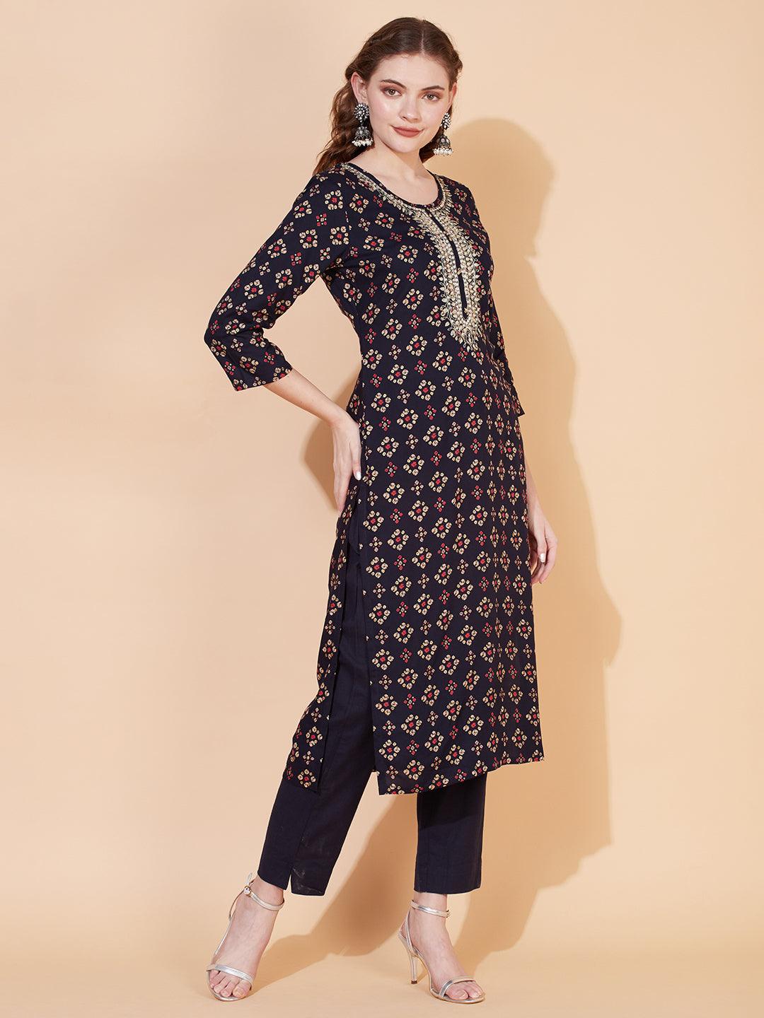 Bandhani Printed & Embroidered Straight Fit Kurta with Pants - Navy Blue - Indiakreations