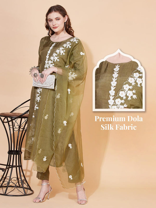 Floral Embroidered Straight Kurta with Pants & Dupatta - Olive Green - Indiakreations