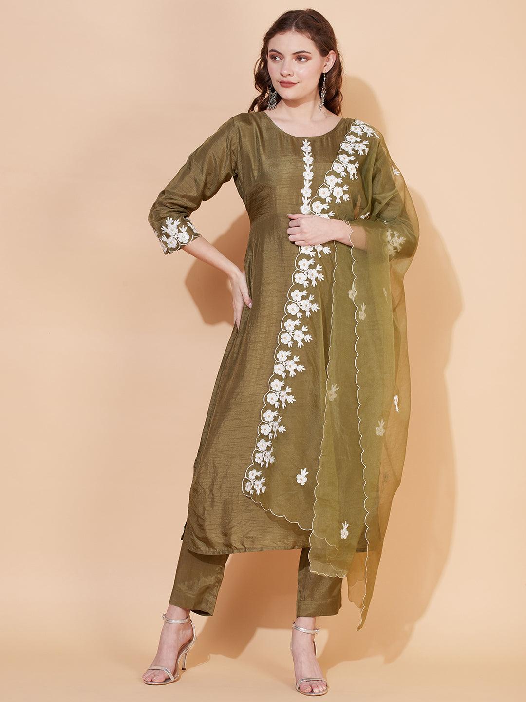 Floral Embroidered Straight Kurta with Pants & Dupatta - Olive Green - Indiakreations