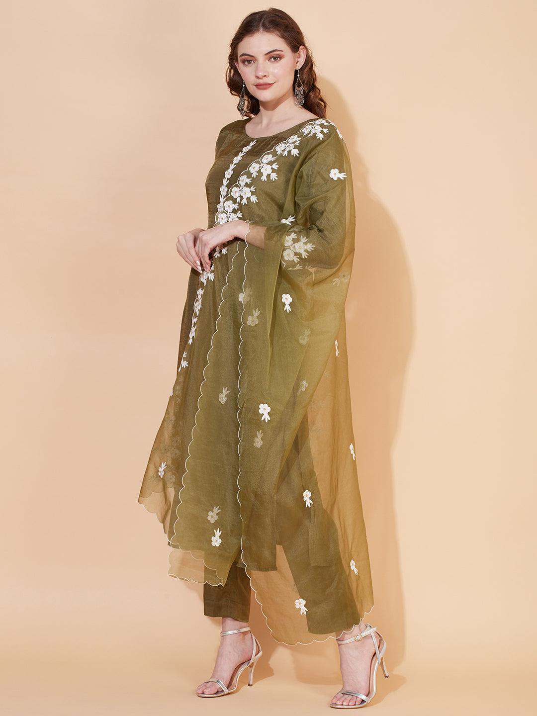 Floral Embroidered Straight Kurta with Pants & Dupatta - Olive Green - Indiakreations