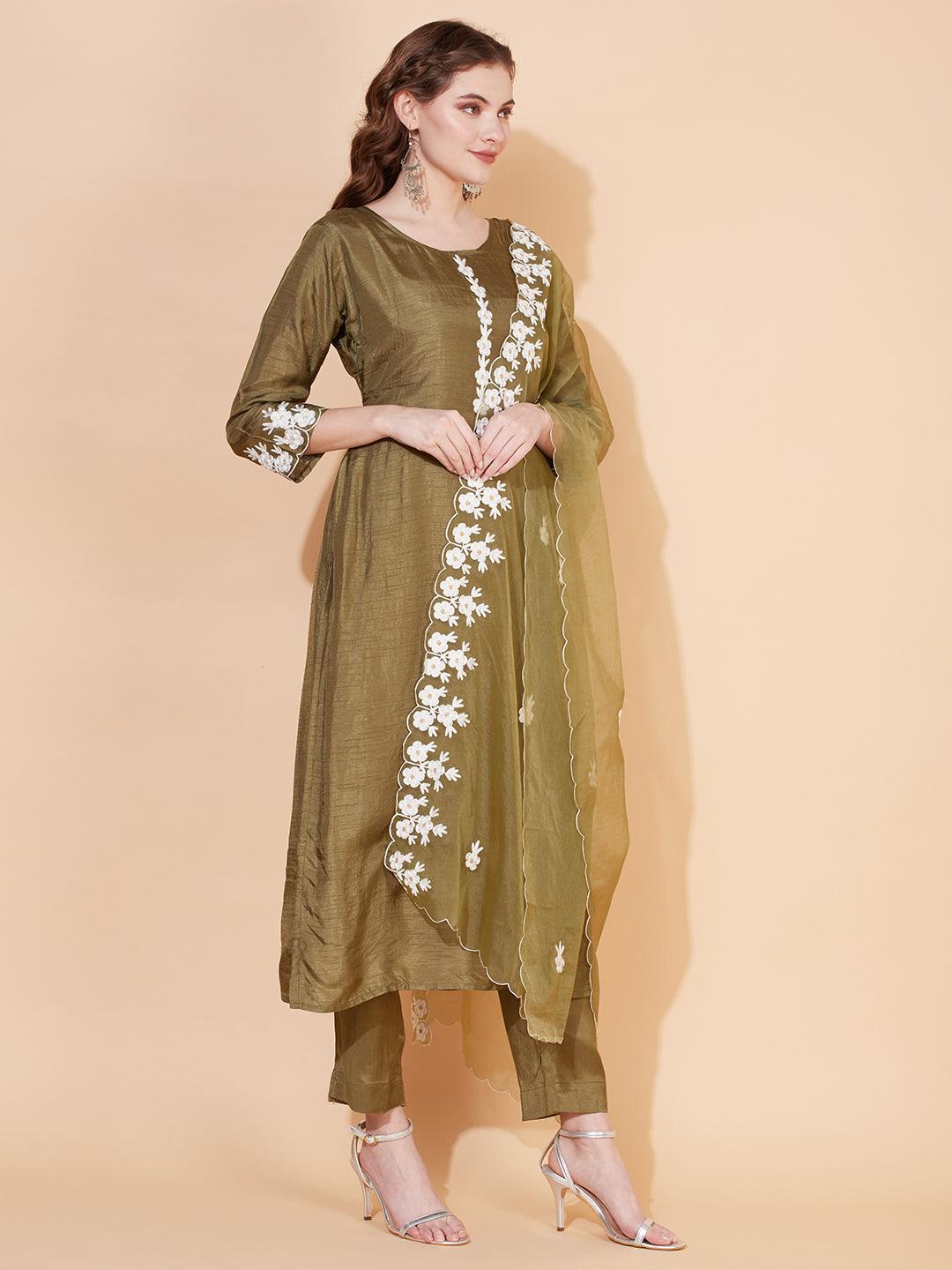 Floral Embroidered Straight Kurta with Pants & Dupatta - Olive Green - Indiakreations