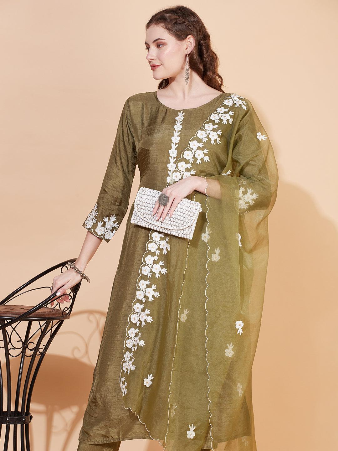 Floral Embroidered Straight Kurta with Pants & Dupatta - Olive Green - Indiakreations