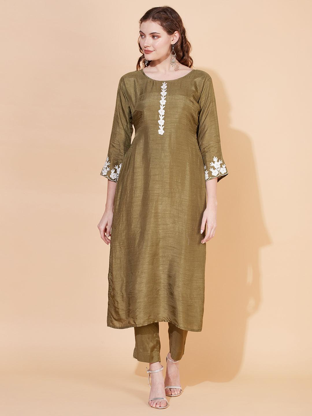 Floral Embroidered Straight Kurta with Pants & Dupatta - Olive Green - Indiakreations