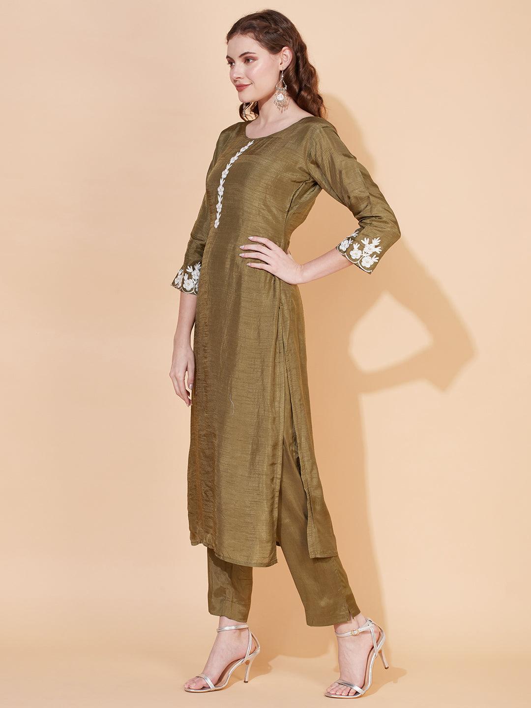 Floral Embroidered Straight Kurta with Pants & Dupatta - Olive Green - Indiakreations