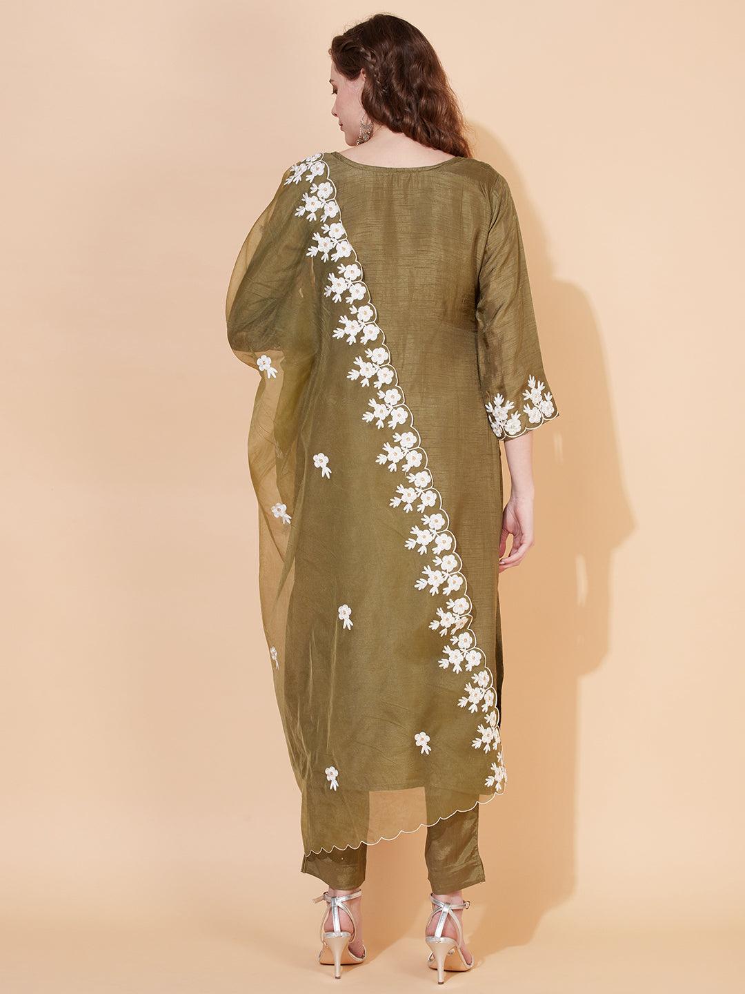 Floral Embroidered Straight Kurta with Pants & Dupatta - Olive Green - Indiakreations