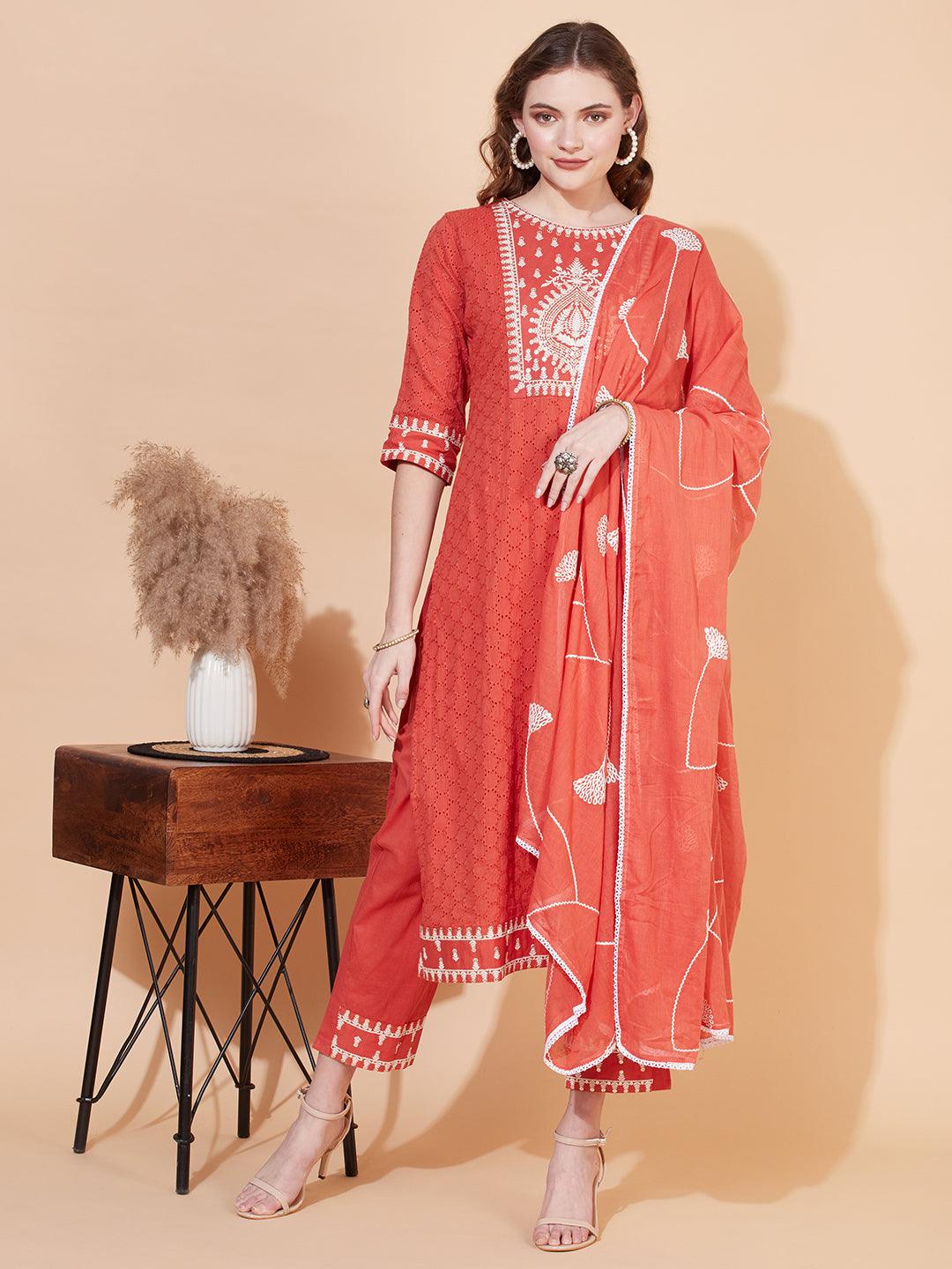 Ethnic Embroidered Straight Kurta with Pants & Dupatta - Rust - Indiakreations