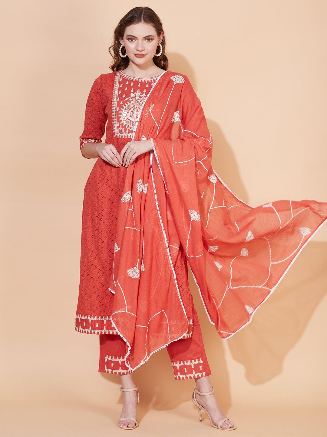 Ethnic Embroidered Straight Kurta with Pants & Dupatta - Rust - Indiakreations