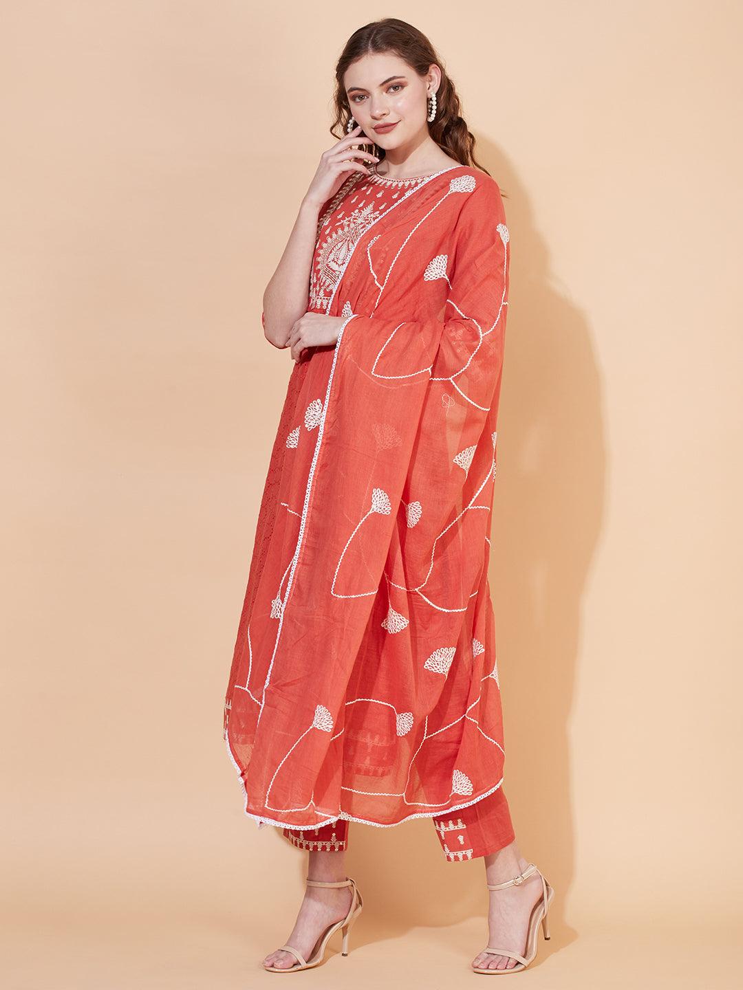 Ethnic Embroidered Straight Kurta with Pants & Dupatta - Rust - Indiakreations