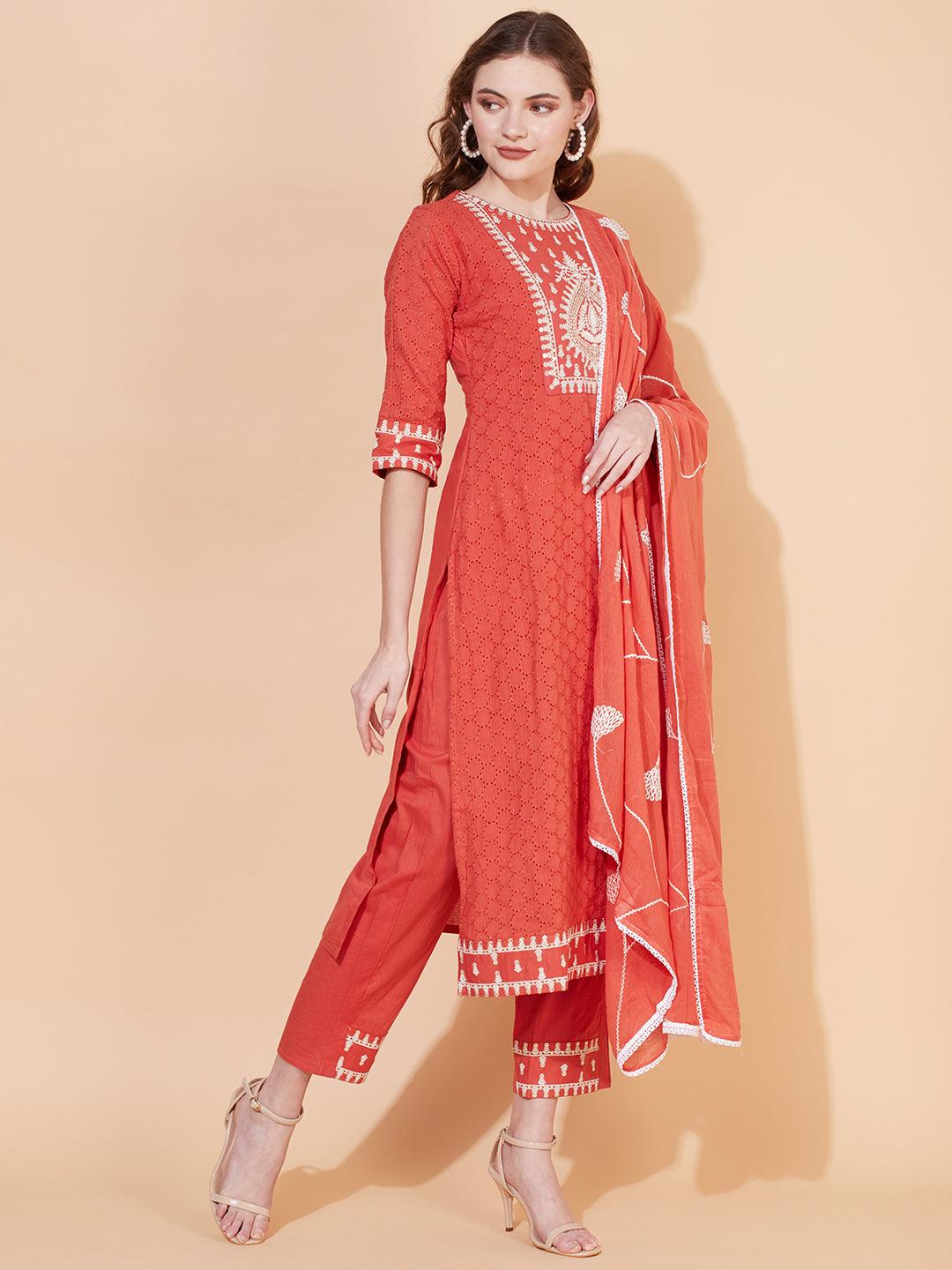 Ethnic Embroidered Straight Kurta with Pants & Dupatta - Rust - Indiakreations