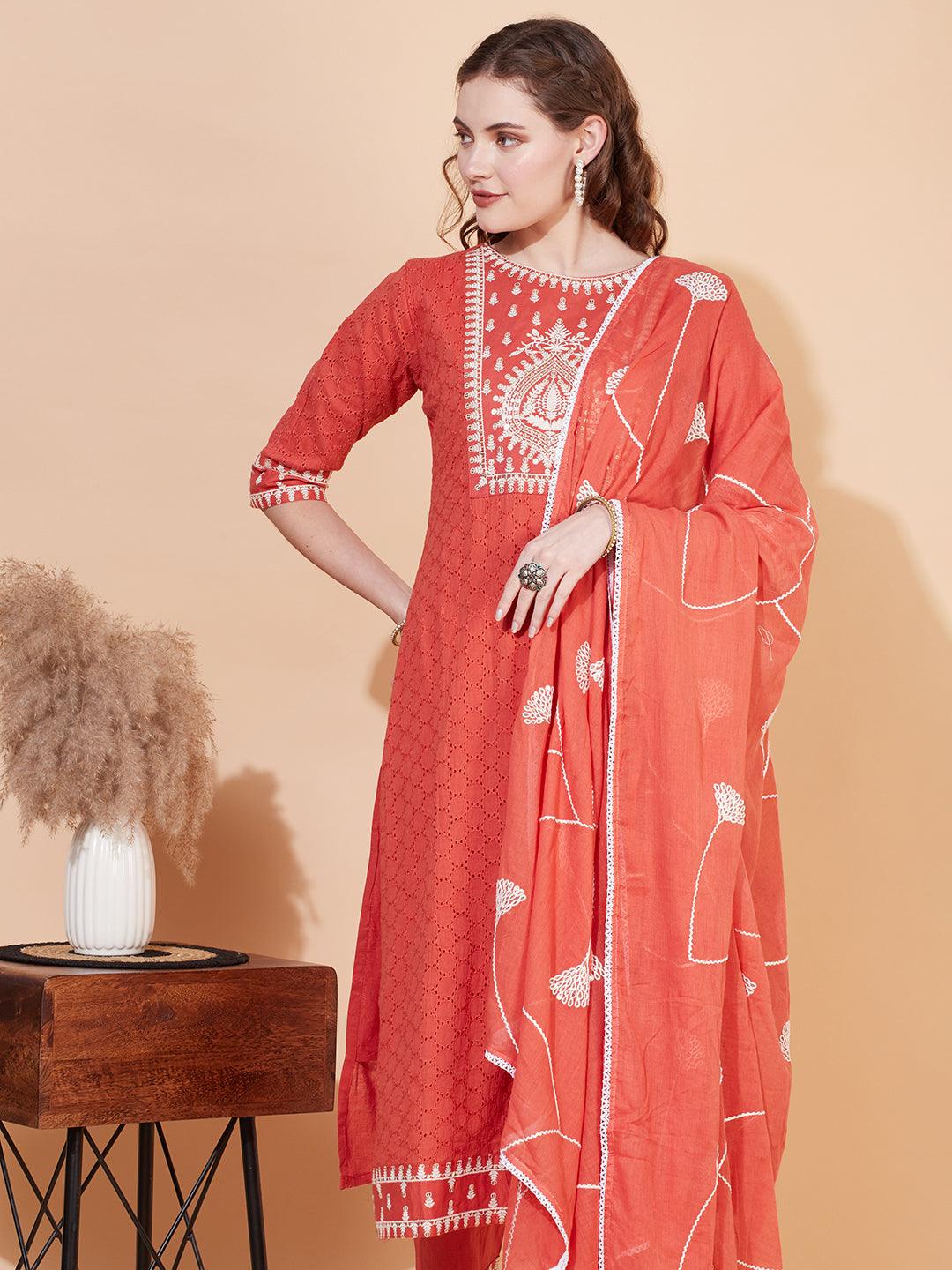 Ethnic Embroidered Straight Kurta with Pants & Dupatta - Rust - Indiakreations