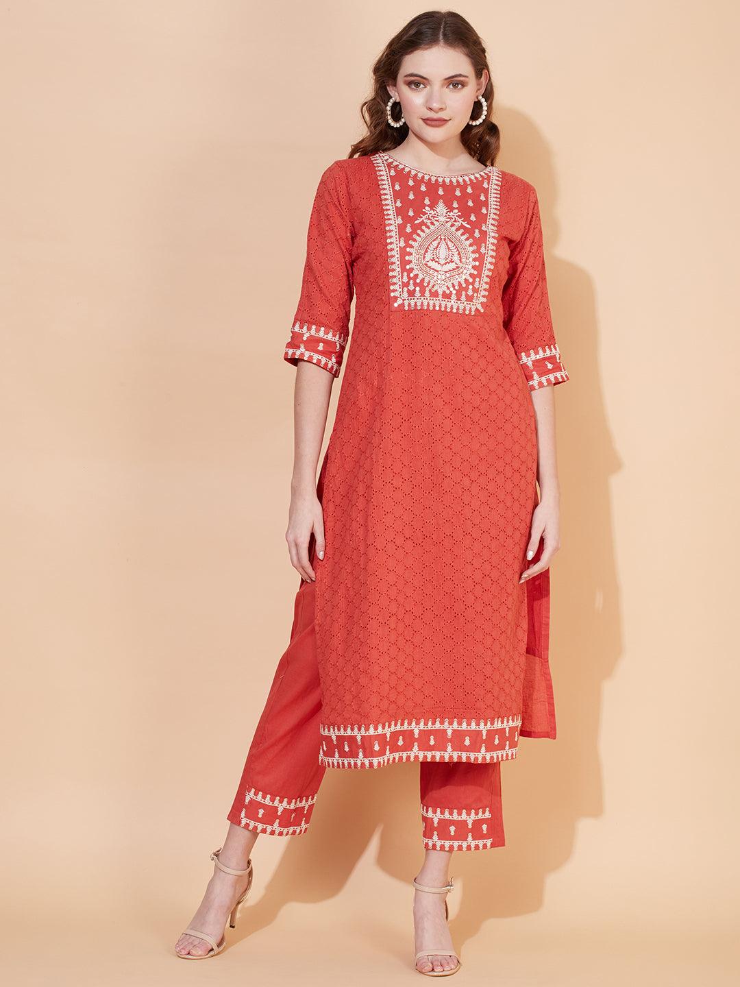 Ethnic Embroidered Straight Kurta with Pants & Dupatta - Rust - Indiakreations