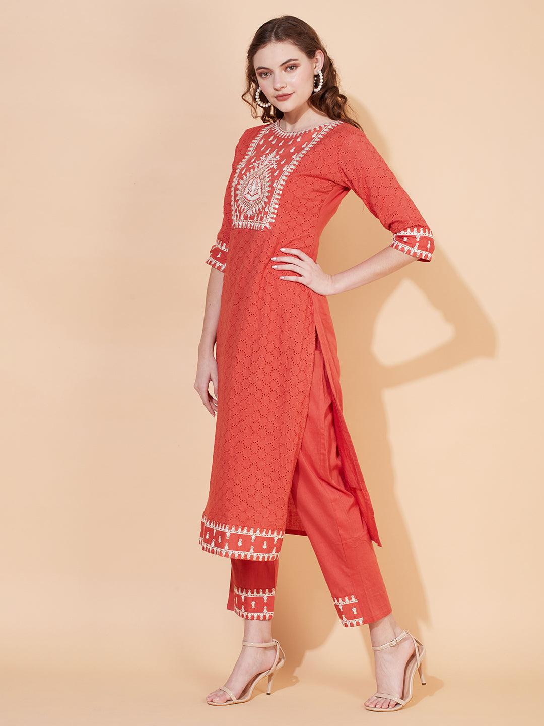 Ethnic Embroidered Straight Kurta with Pants & Dupatta - Rust - Indiakreations