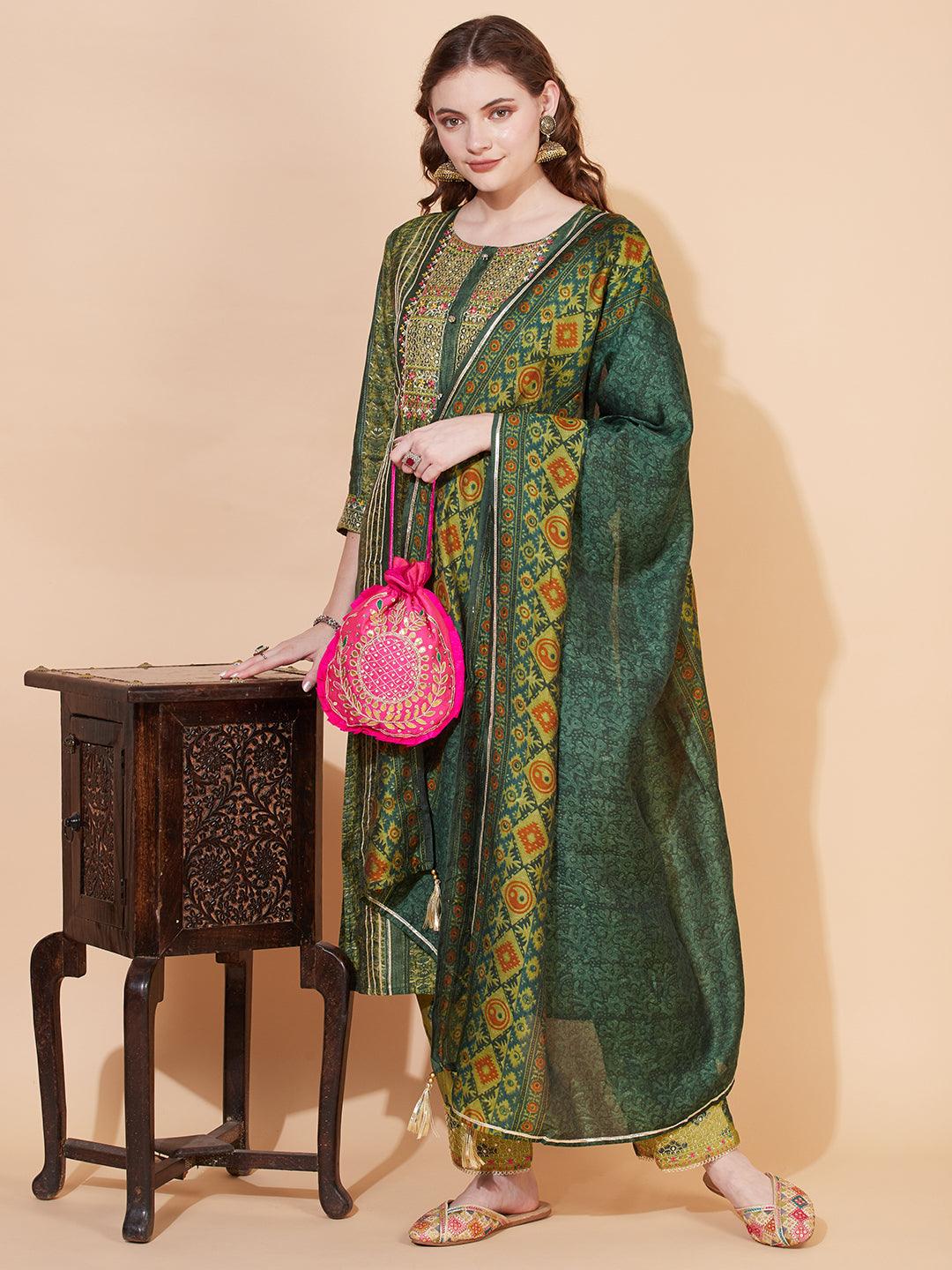 Ethnic Printed & Embroidered Kurta with Pants & Dupatta - Green - Indiakreations