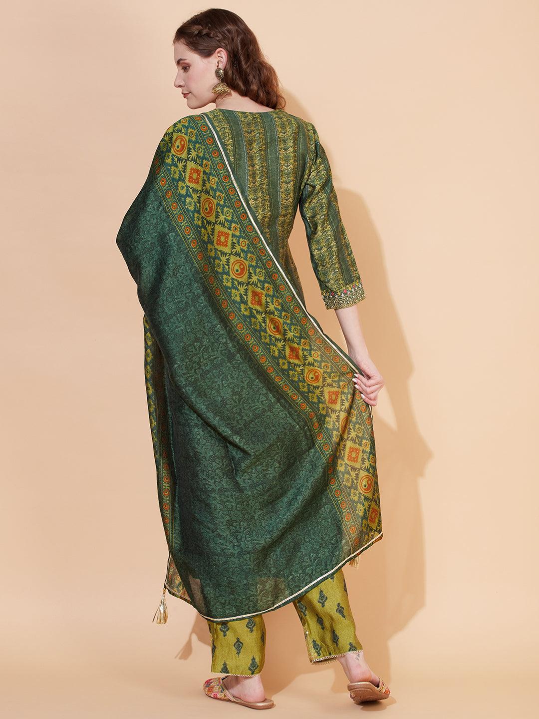 Ethnic Printed & Embroidered Kurta with Pants & Dupatta - Green - Indiakreations