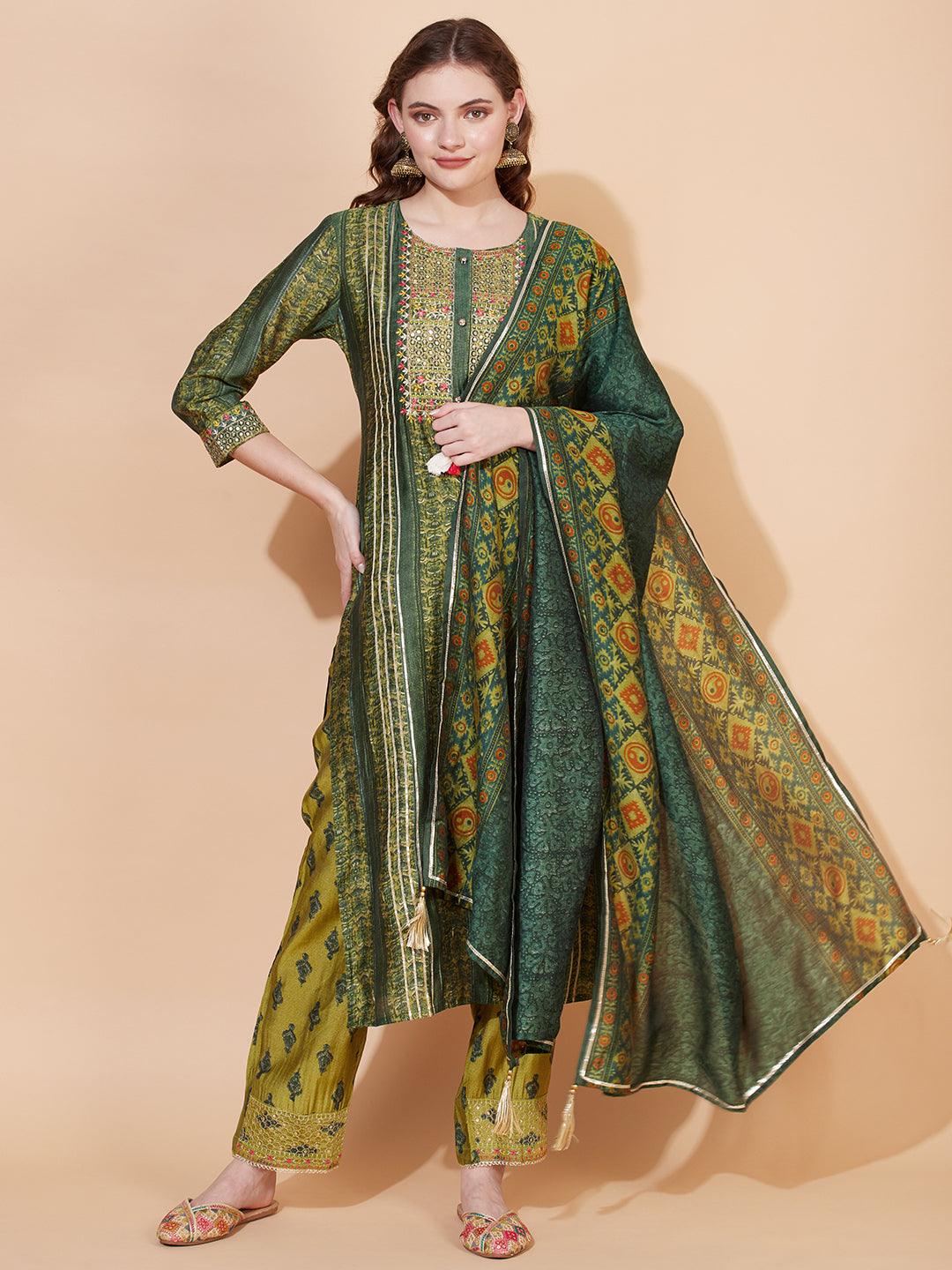 Ethnic Printed & Embroidered Kurta with Pants & Dupatta - Green - Indiakreations