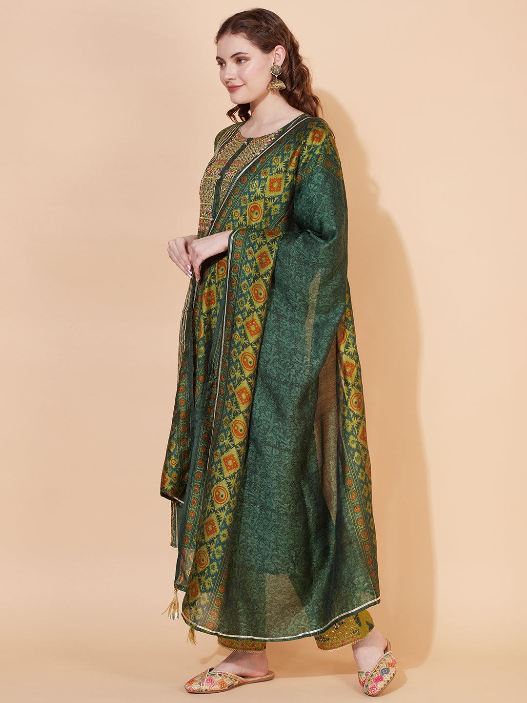 Ethnic Printed & Embroidered Kurta with Pants & Dupatta - Green - Indiakreations