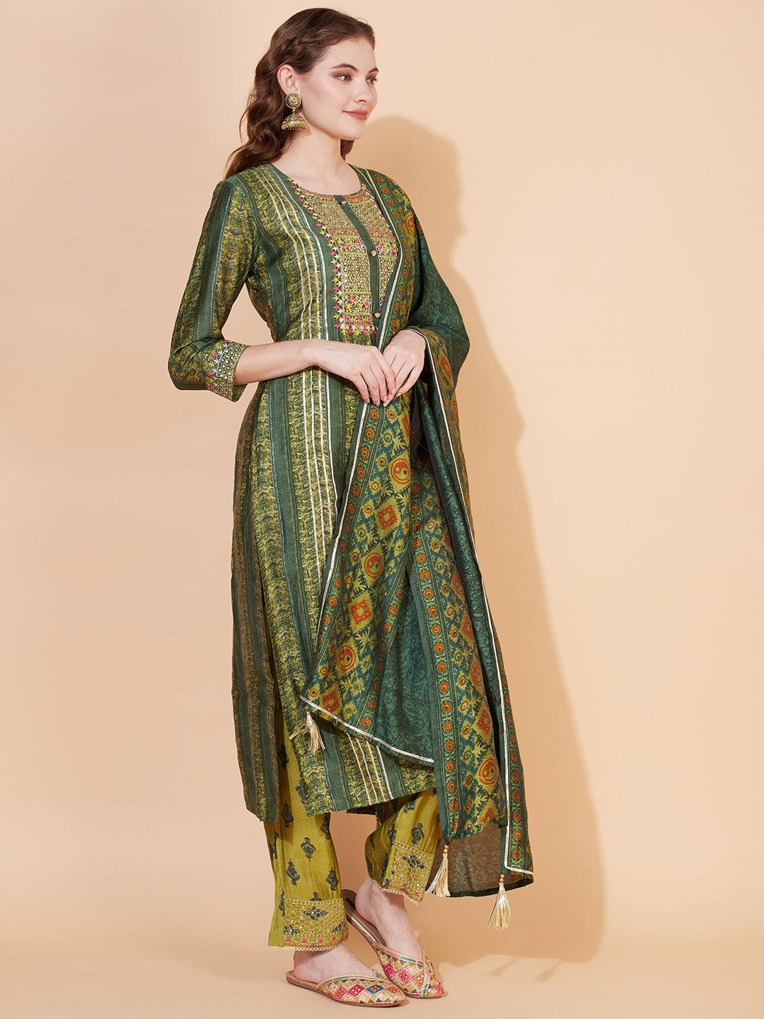 Ethnic Printed & Embroidered Kurta with Pants & Dupatta - Green - Indiakreations