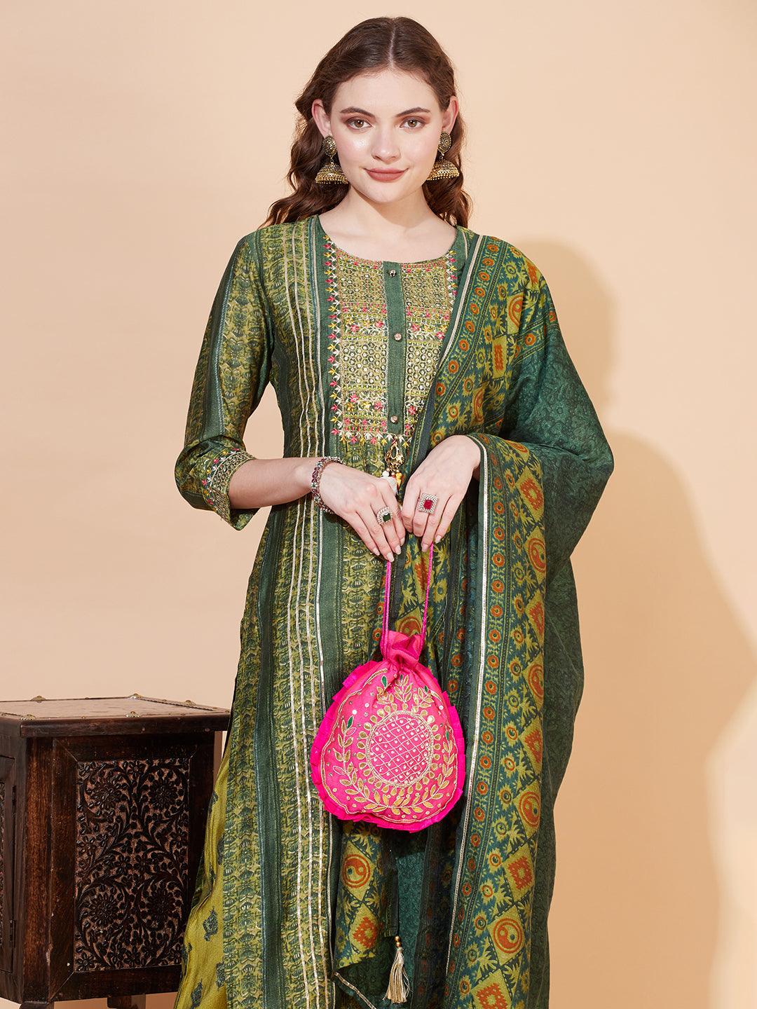 Ethnic Printed & Embroidered Kurta with Pants & Dupatta - Green - Indiakreations