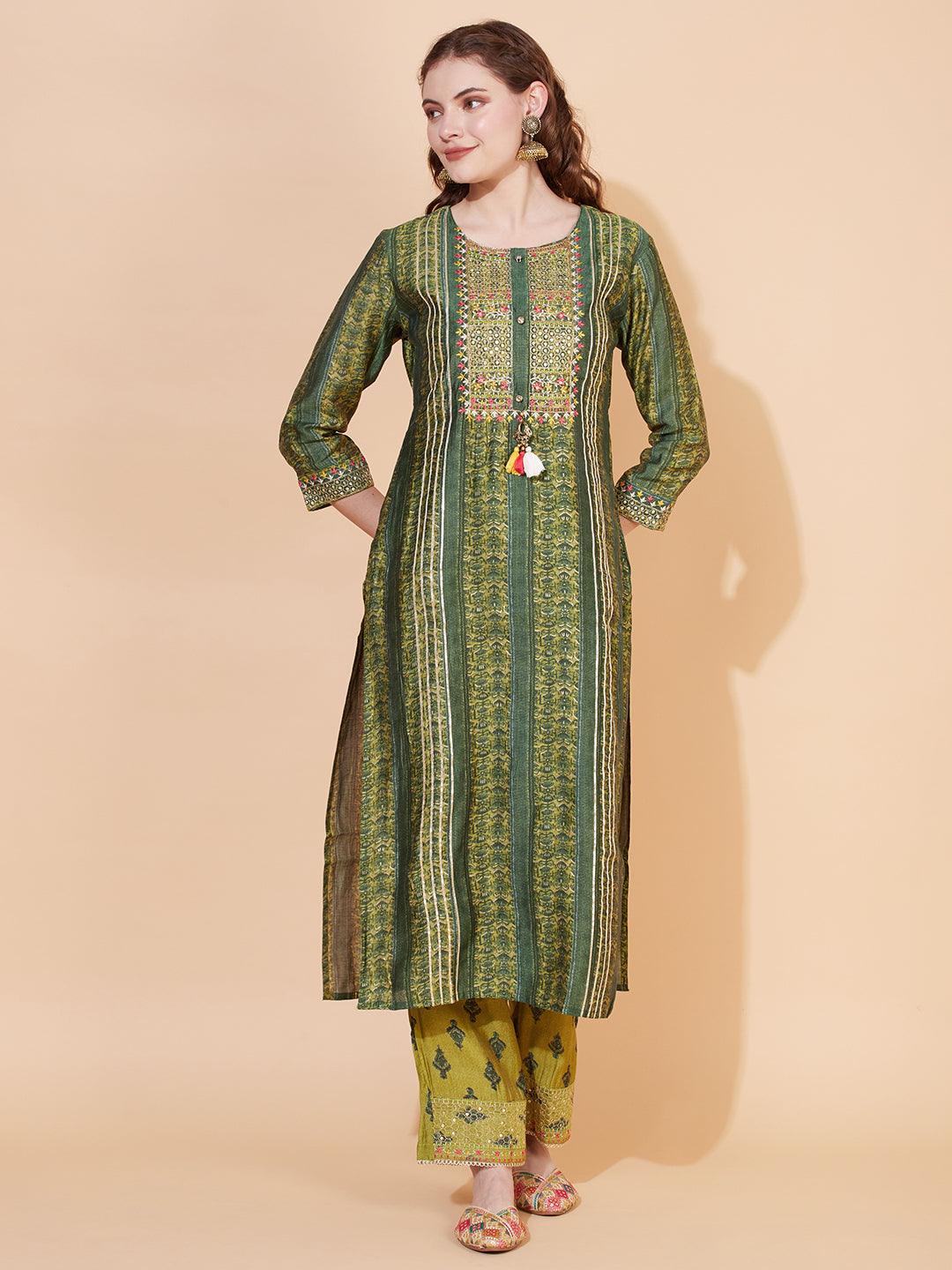 Ethnic Printed & Embroidered Kurta with Pants & Dupatta - Green - Indiakreations