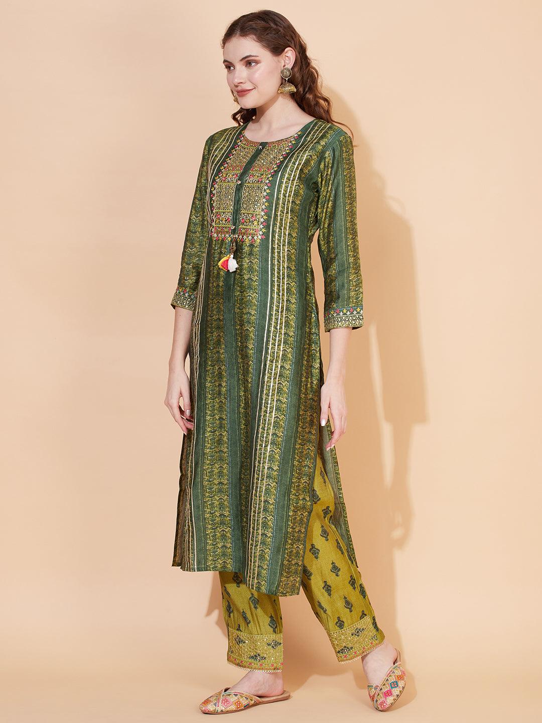 Ethnic Printed & Embroidered Kurta with Pants & Dupatta - Green - Indiakreations