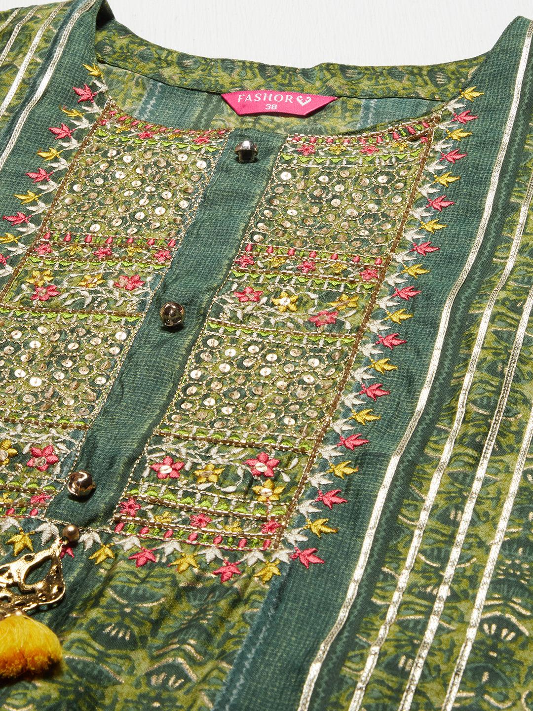 Ethnic Printed & Embroidered Kurta with Pants & Dupatta - Green - Indiakreations