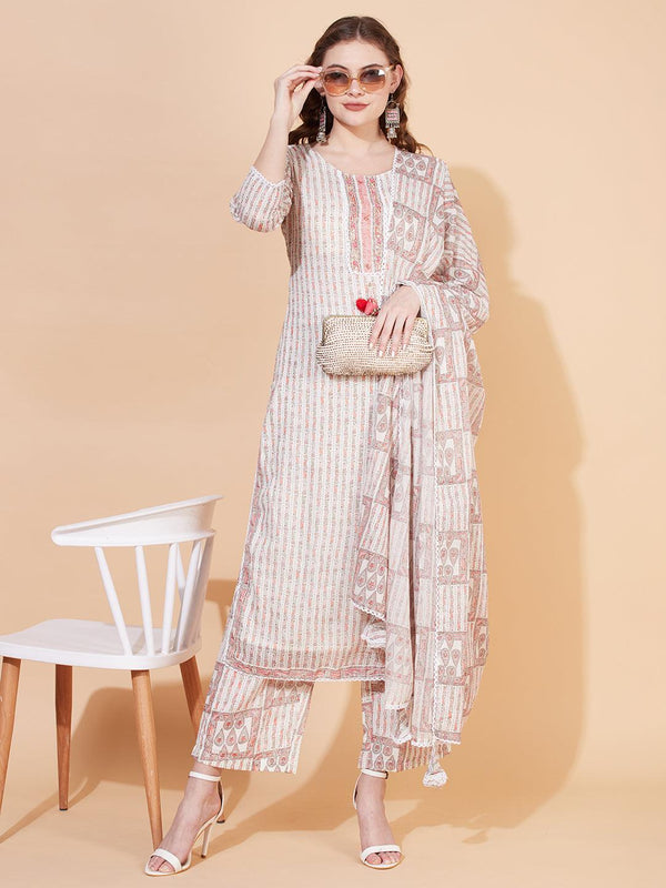 Ethnic Printed & Hand Embroidered Kurta with Pants & Dupatta - Off White - Indiakreations