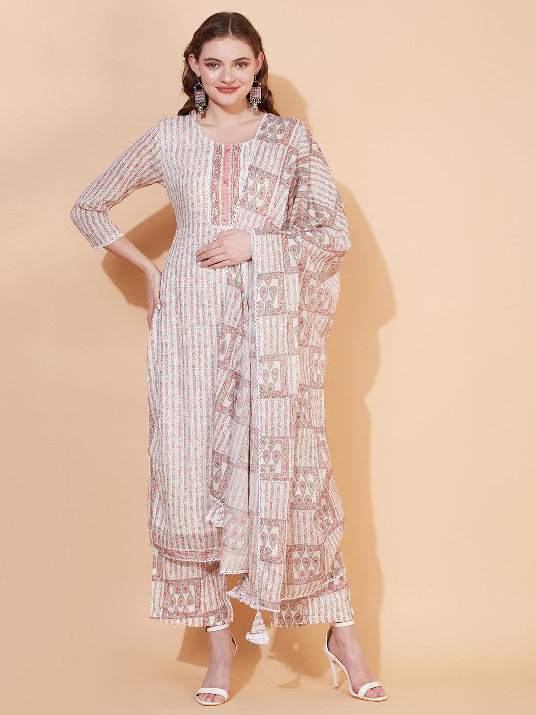 Ethnic Printed & Hand Embroidered Kurta with Pants & Dupatta - Off White - Indiakreations