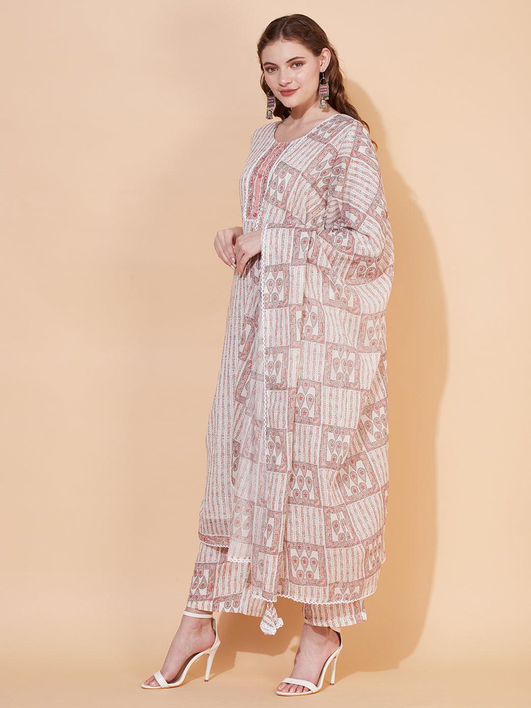 Ethnic Printed & Hand Embroidered Kurta with Pants & Dupatta - Off White - Indiakreations