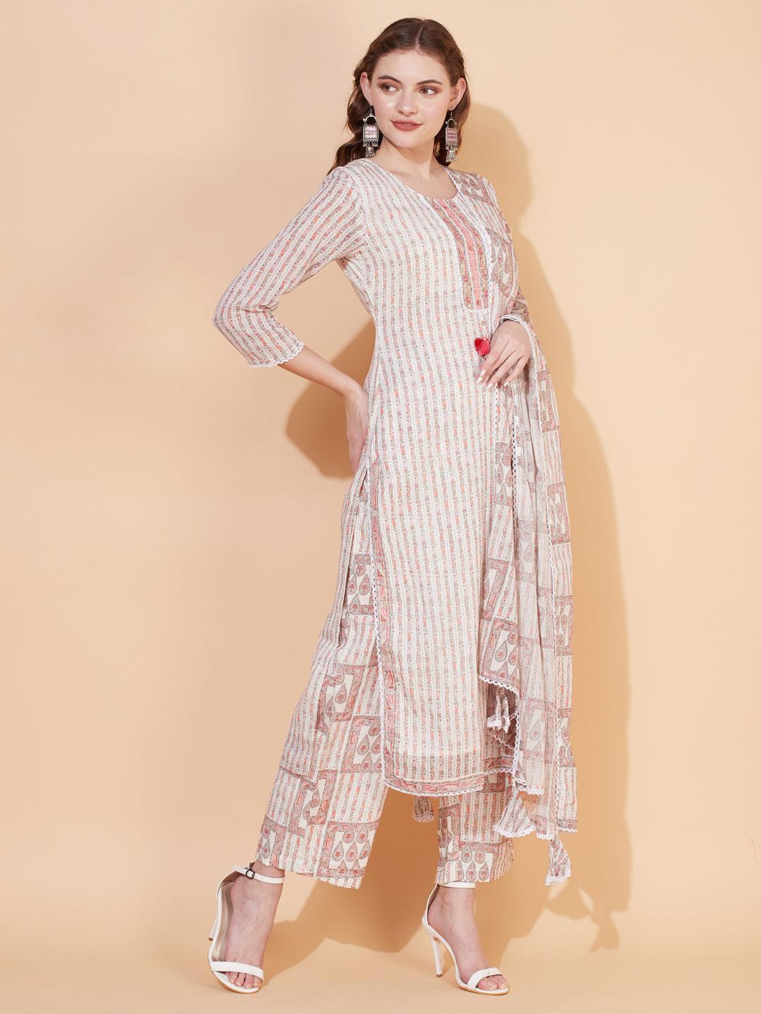 Ethnic Printed & Hand Embroidered Kurta with Pants & Dupatta - Off White - Indiakreations