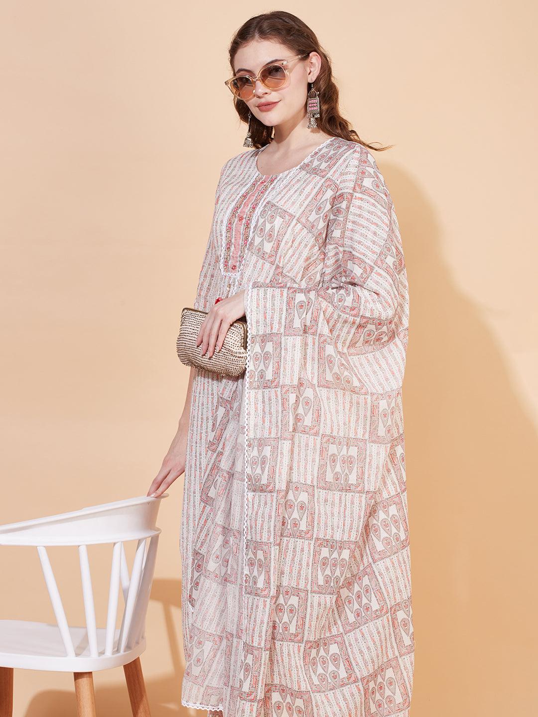 Ethnic Printed & Hand Embroidered Kurta with Pants & Dupatta - Off White - Indiakreations