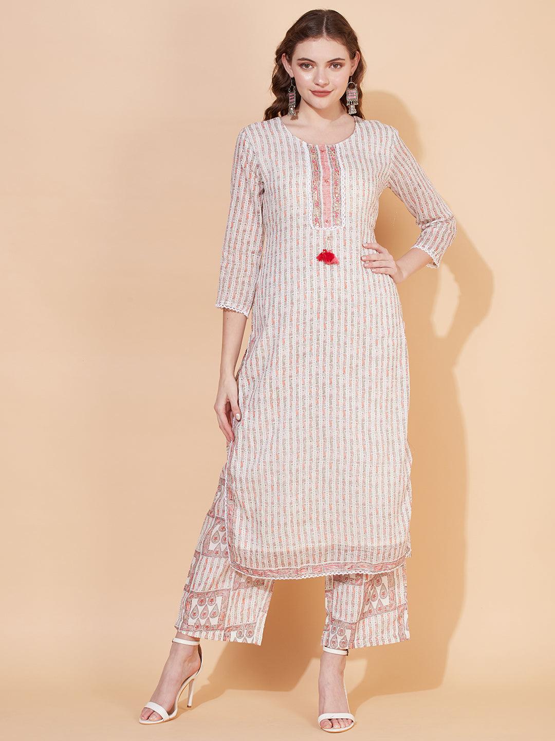 Ethnic Printed & Hand Embroidered Kurta with Pants & Dupatta - Off White - Indiakreations