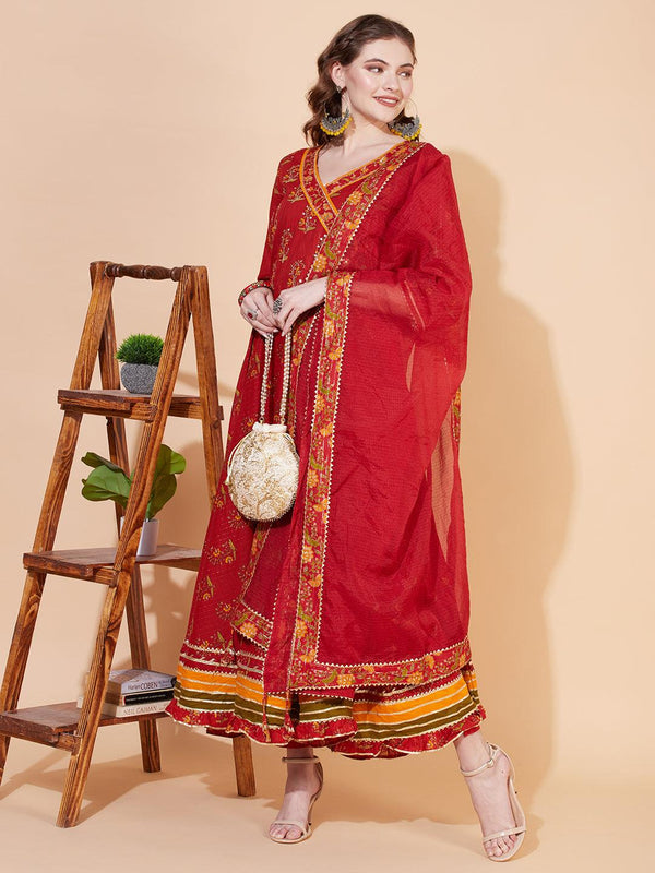 Ethnic Printed & Hand Embroidered Angrakha Kurta with Pants & Dupatta - Burnt Sienna - Indiakreations