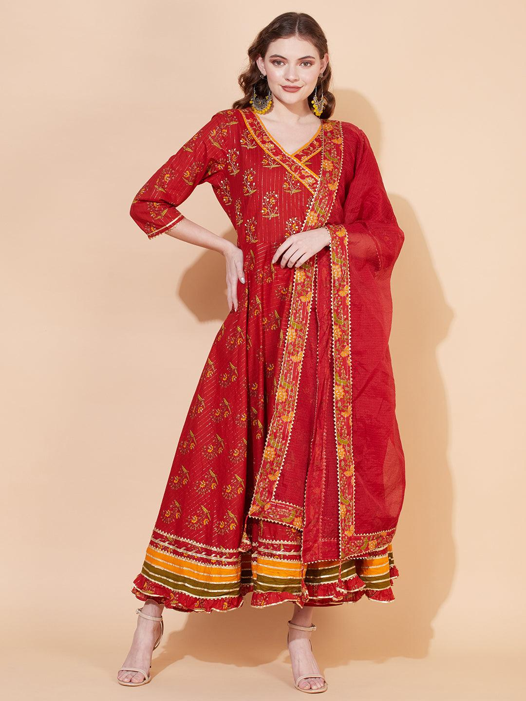 Ethnic Printed & Hand Embroidered Angrakha Kurta with Pants & Dupatta - Burnt Sienna - Indiakreations