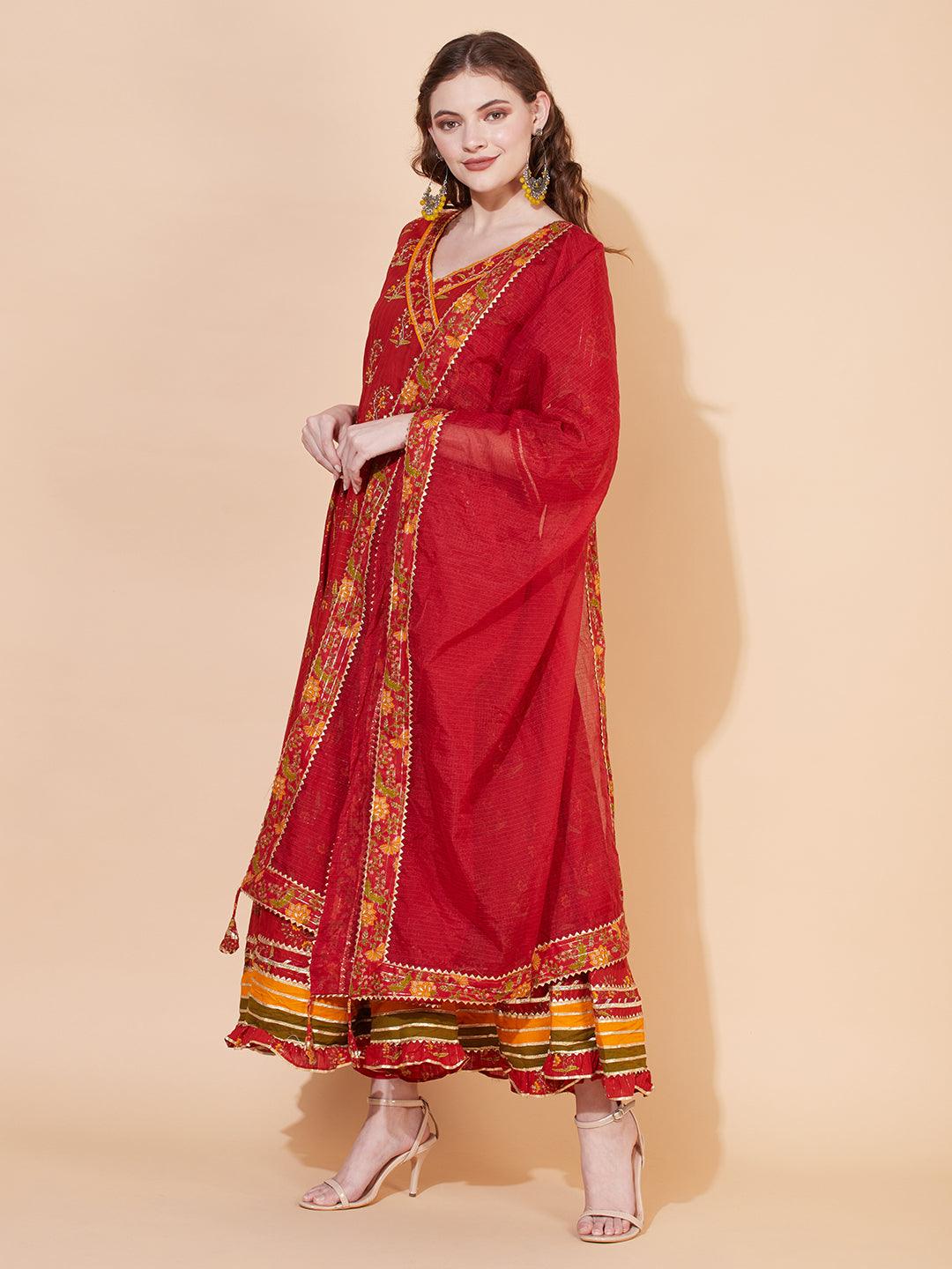 Ethnic Printed & Hand Embroidered Angrakha Kurta with Pants & Dupatta - Burnt Sienna - Indiakreations