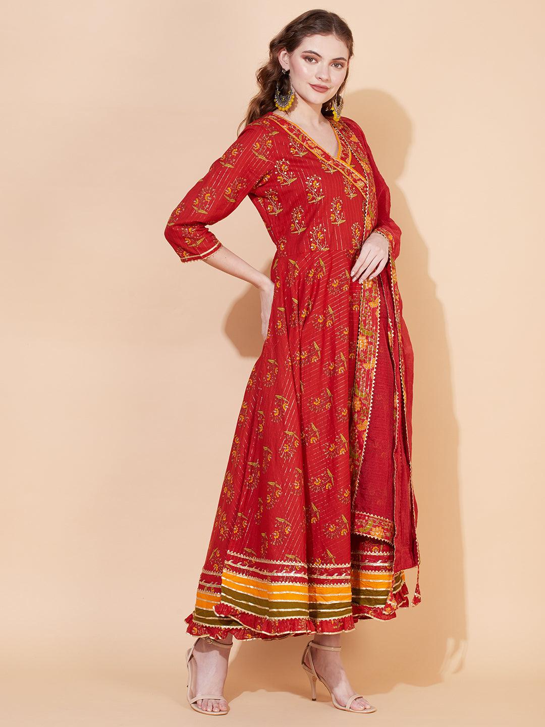 Ethnic Printed & Hand Embroidered Angrakha Kurta with Pants & Dupatta - Burnt Sienna - Indiakreations