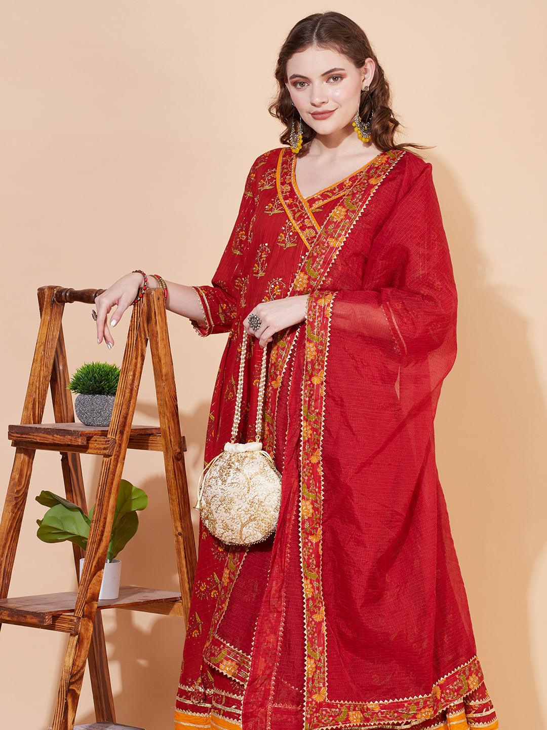 Ethnic Printed & Hand Embroidered Angrakha Kurta with Pants & Dupatta - Burnt Sienna - Indiakreations